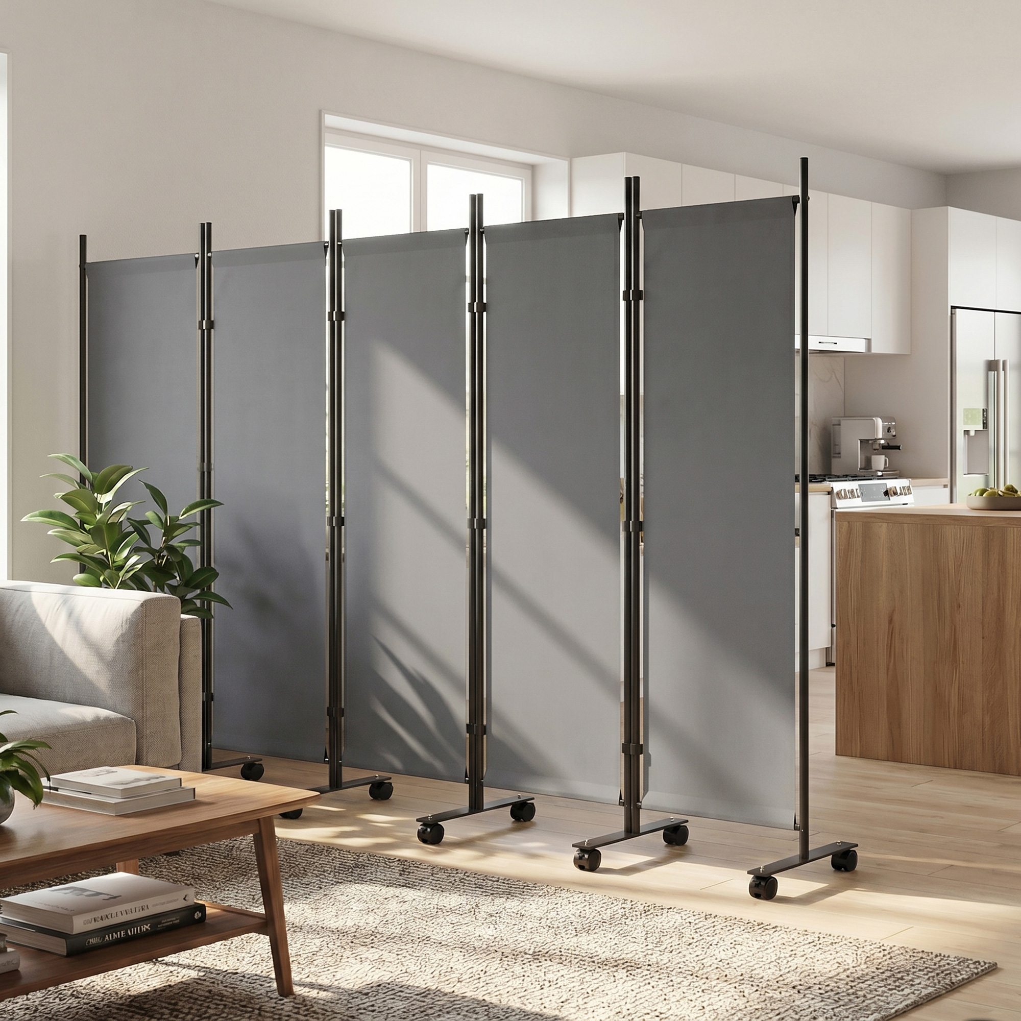 Raumteiler 5-teilig 252 x 40 cm Freistehend Paravent mit 12 Rollen Klappbar Trennwand DIY Dunkelgrau