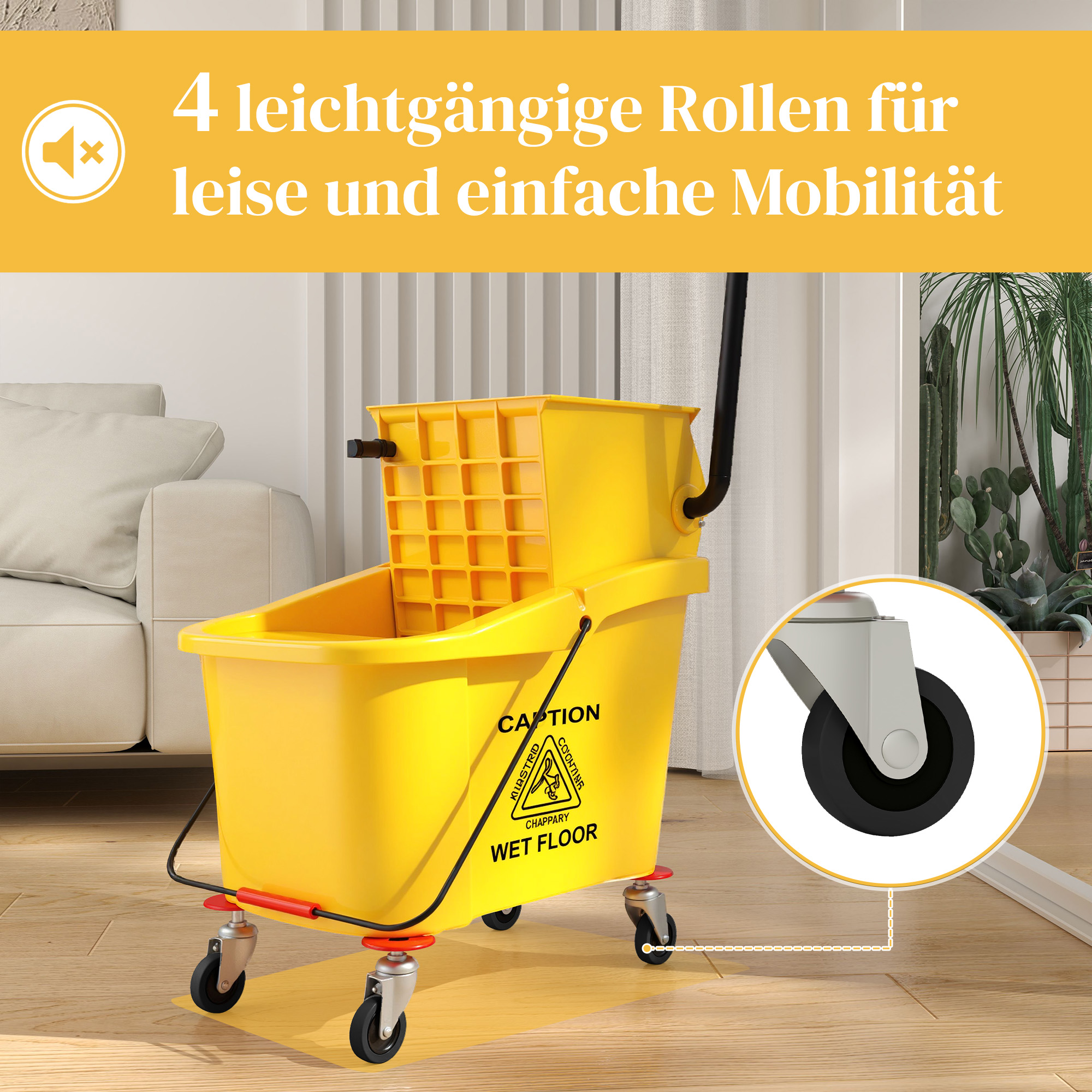 Wischeimer auf Rädern mit Mopp-Auswringer, Mopp-Halter, 36 Liter, Kunststoff, Gelb