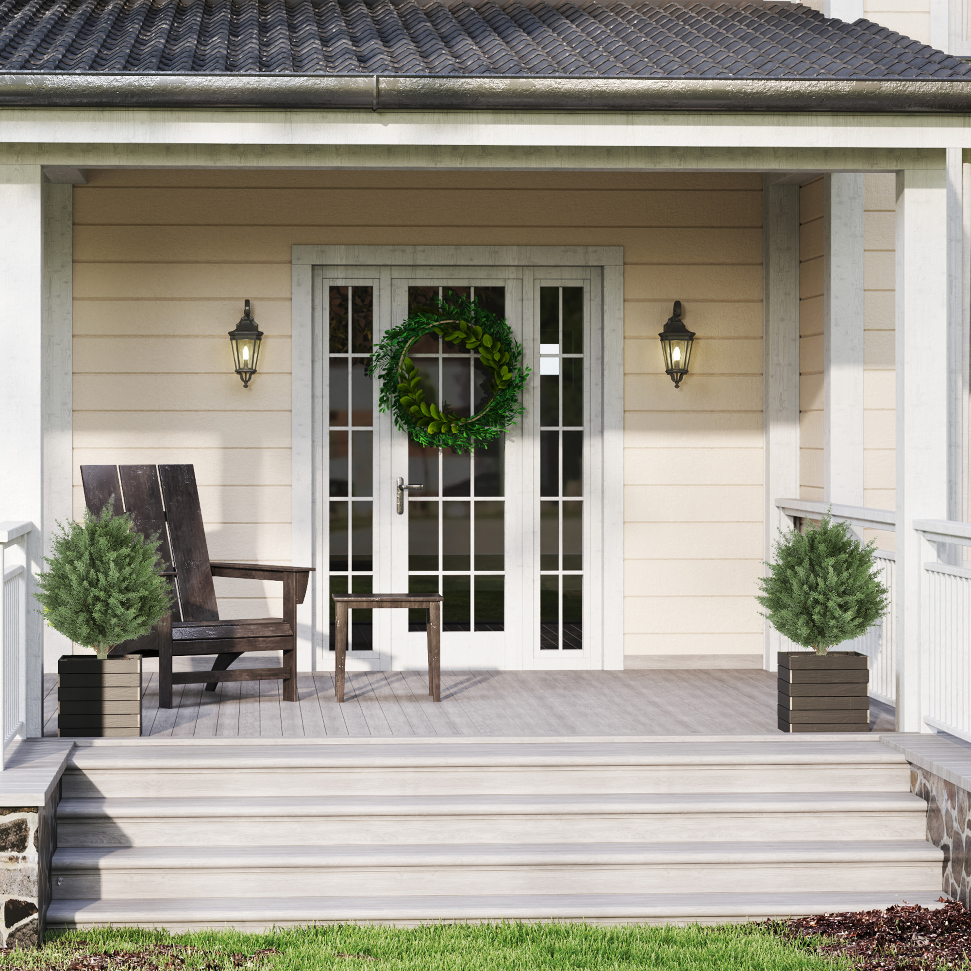 2er-Set künstliche Pflanzen, UV-beständige Kunstpflanze Zypresse mit 387 Blättern und Erdspieß, Ø40 x 60H cm, Grün