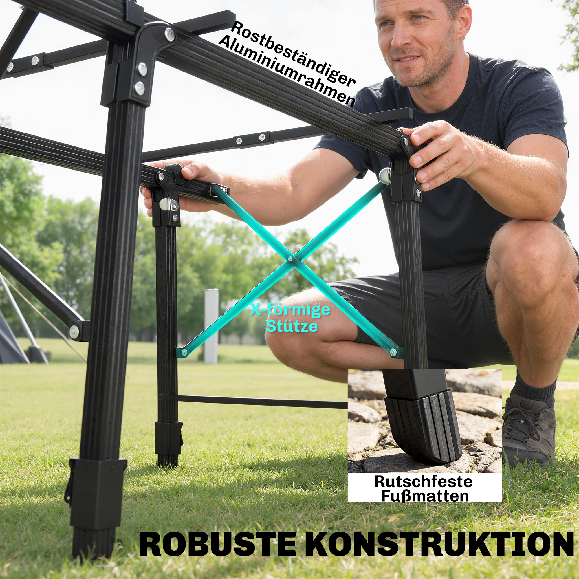 Campingtisch mit Aufbewahrungskorb, höhenverstellbar, faltbar, Aluminium, Schwarz