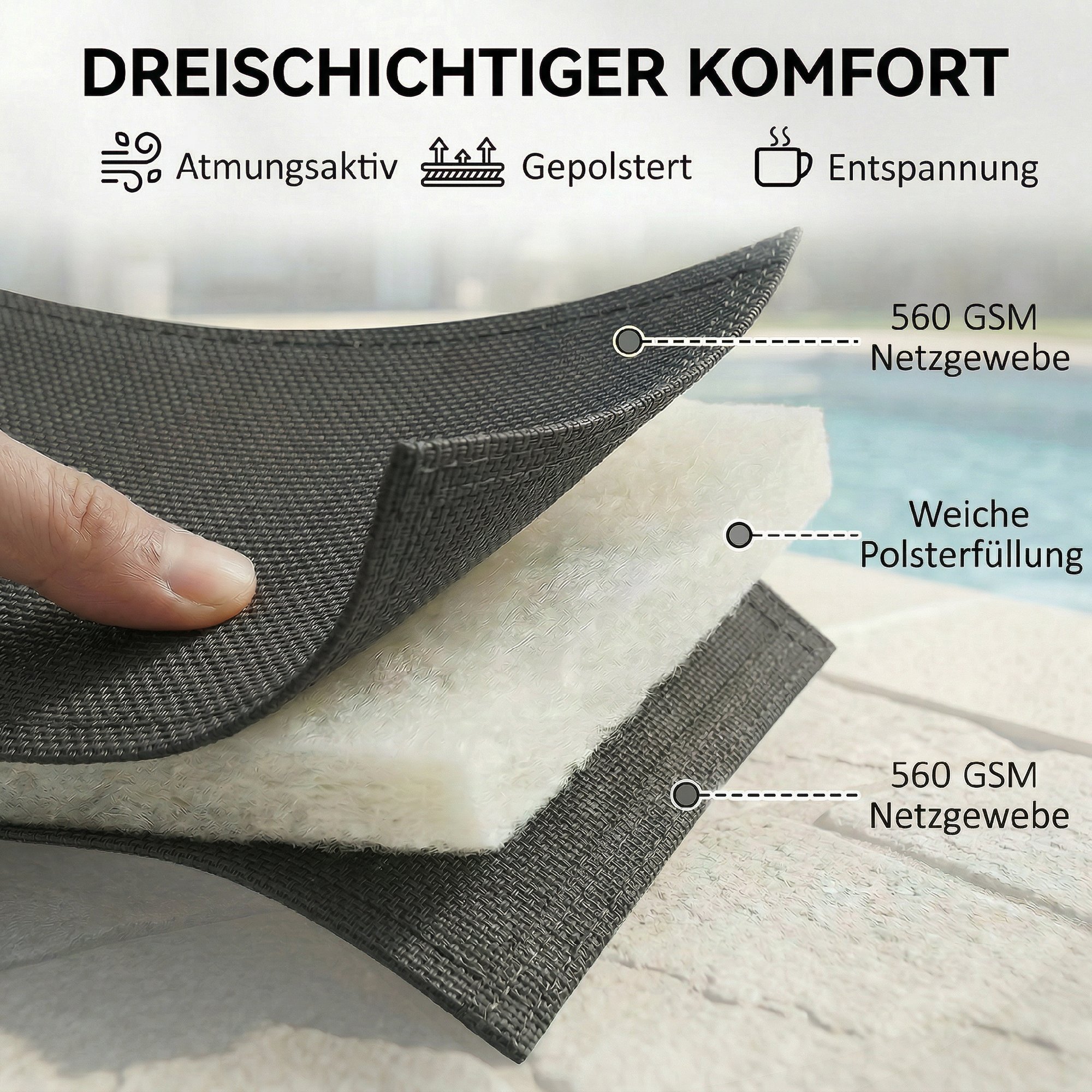 Sonnenliege Atmungsaktive Gartenliege mit 6-fach Verstellbar Rückenlehne Rädern Aluminiumrahmen Dunkelgrau