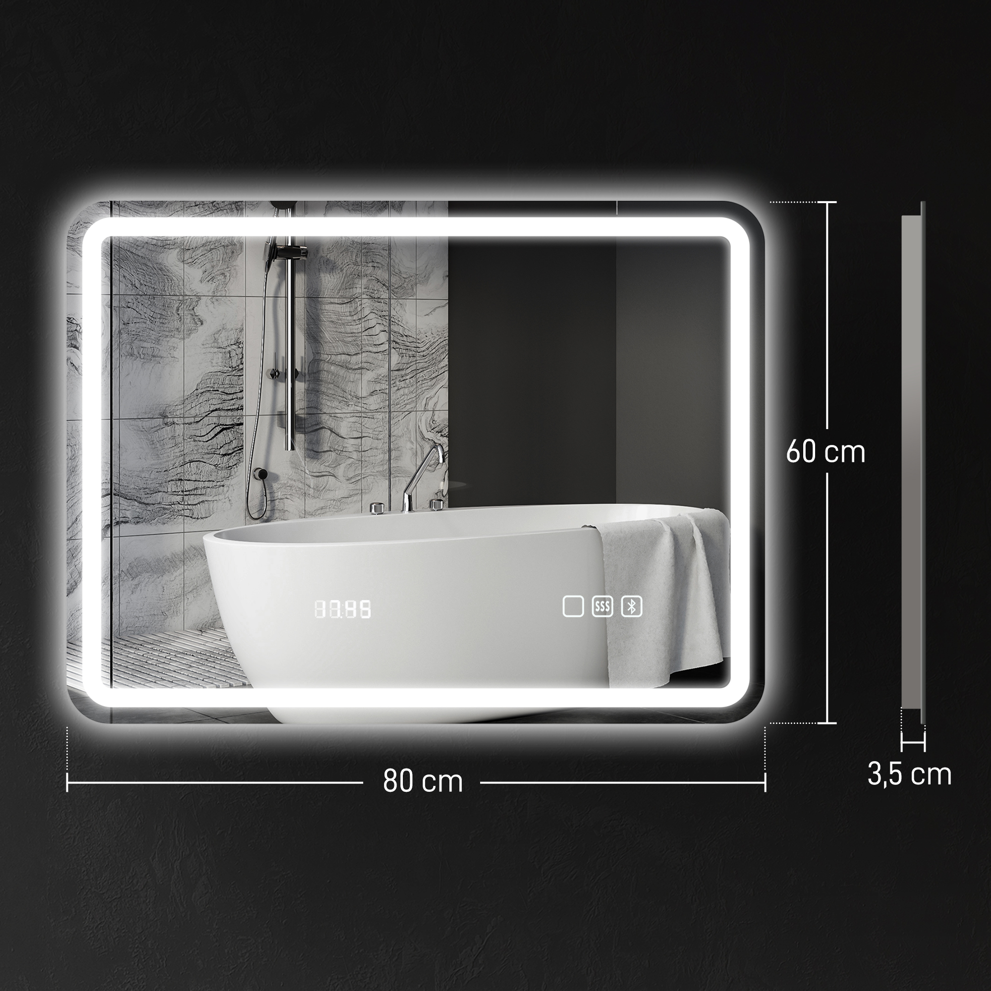 Badezimmerspiegel mit LED-Beleuchtung, Anti-Beschlags-Pad, 3 verstellbare Farben, Uhr, 600 x 800 mm, Silberfarben