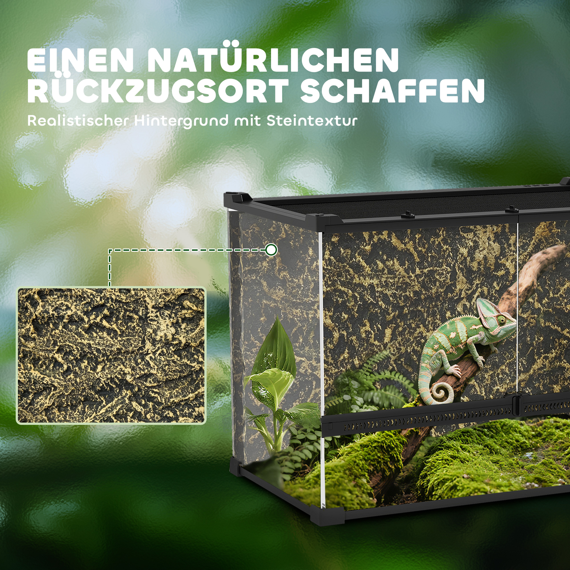 Terrarium für Reptilien Glasterrarium 48L mit Frontbelüftung Steinrückwand Drehverschluss 50 x 30 x 35 cm Schwarz