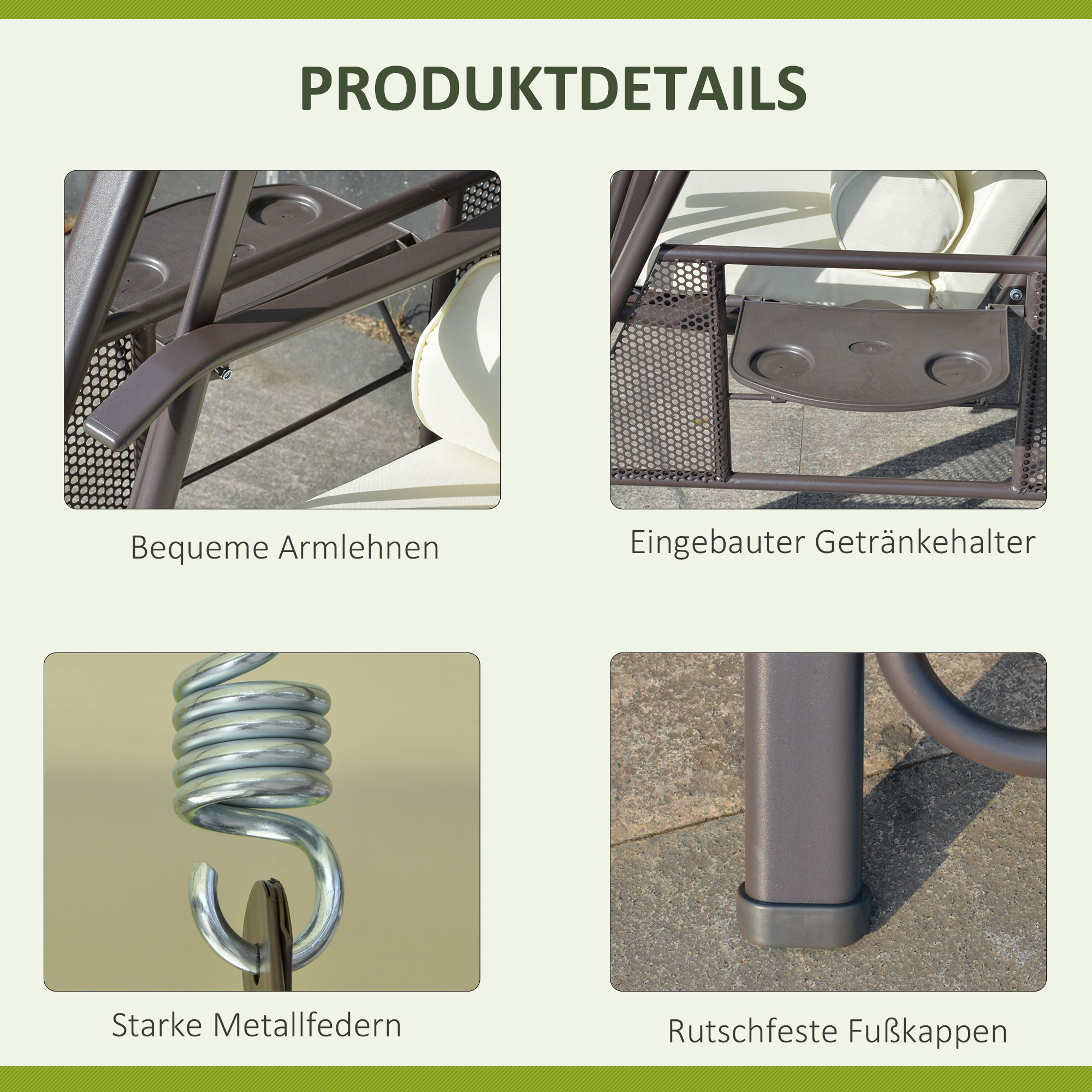 Hollywoodschaukel 2-Sitzer-Hollywoodschaukel Gartenschaukel, wetterbeständig, 2 Ablagen,  Weiß + Schwarz