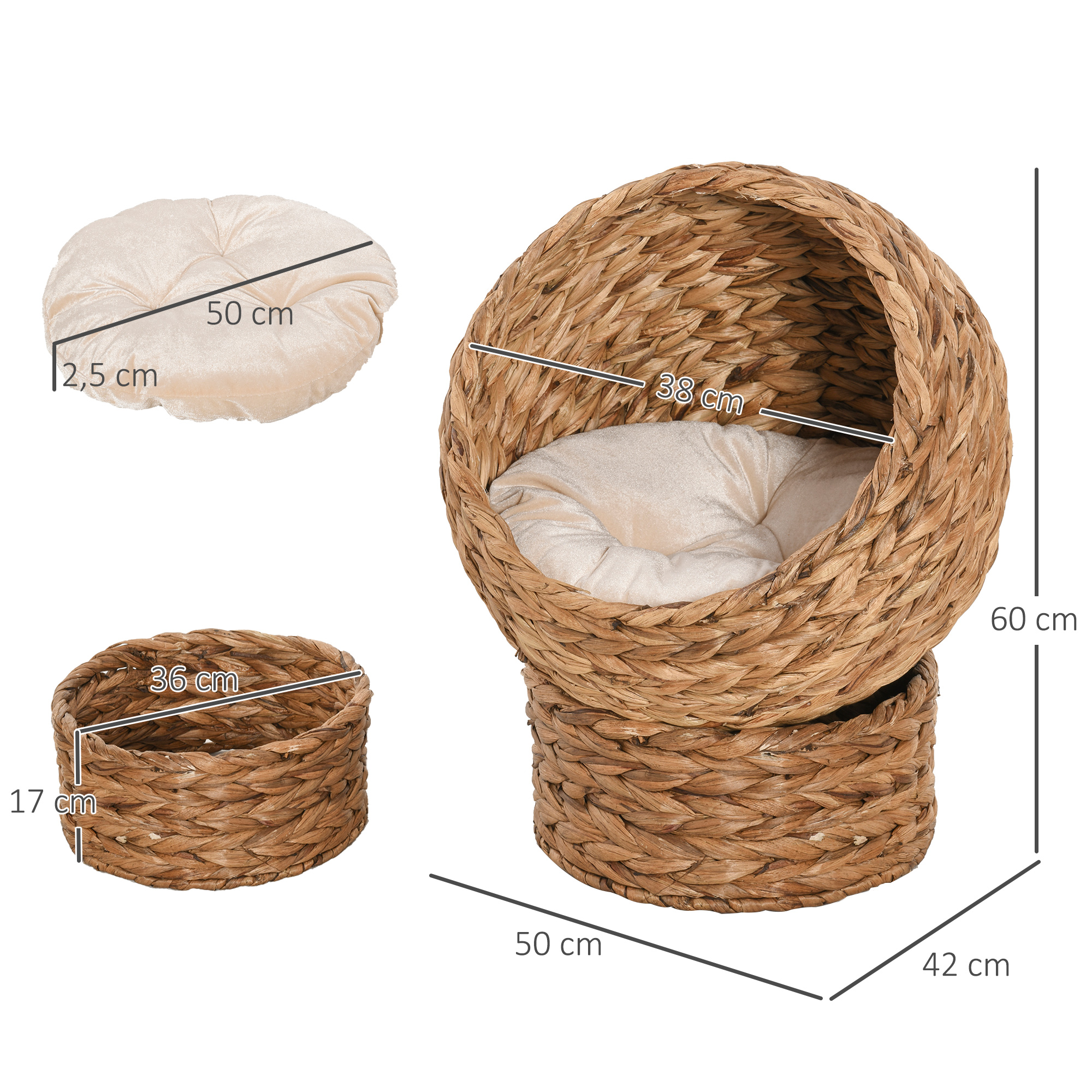 Rattan Katzenkorb Katzenhöhle Katzenhütte Katzenbett mit Kissen Haustierbett Wasserhyazinthe Braun 50 x 42 x 60 cm