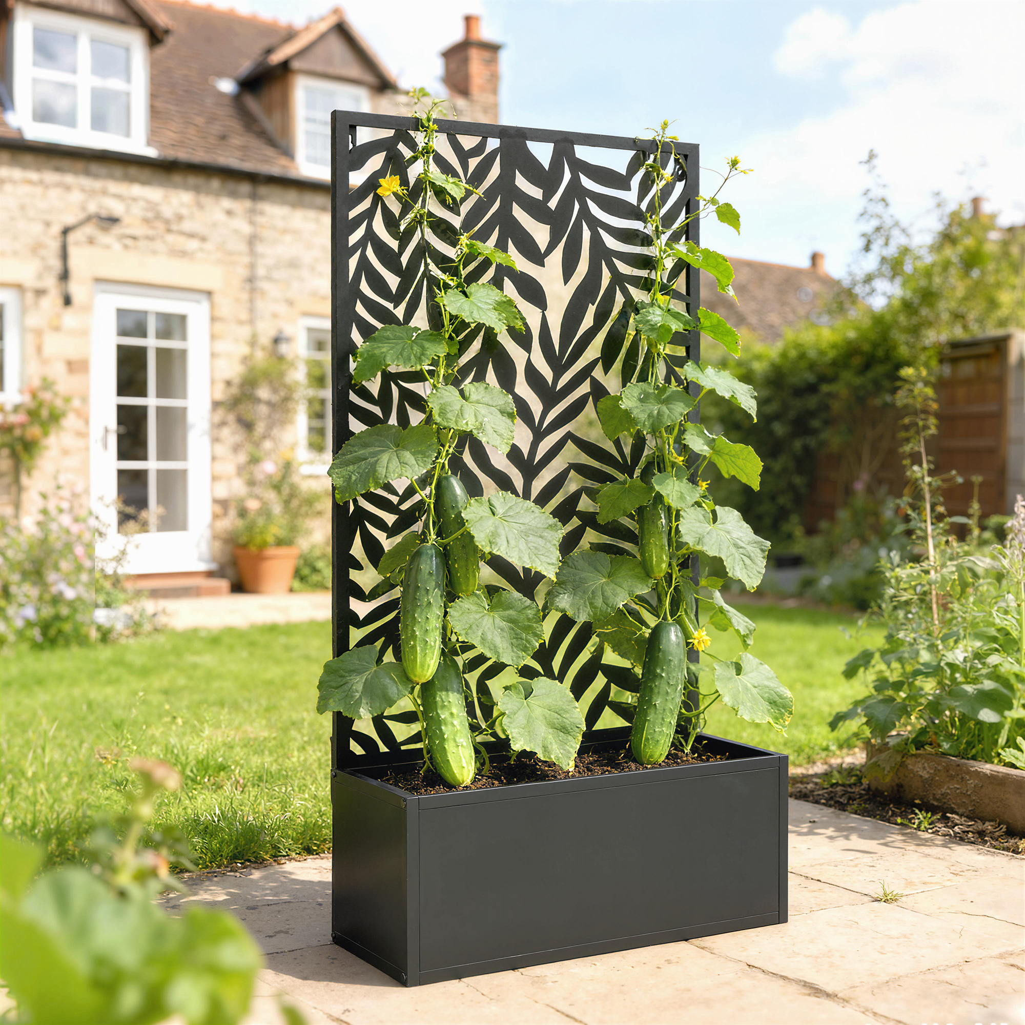 Blumenkasten mit Sichtschutz Pflanzkasten mit Rankgitter tropischen Blattmotiven 61 x 23 x 113 cm Schwarz