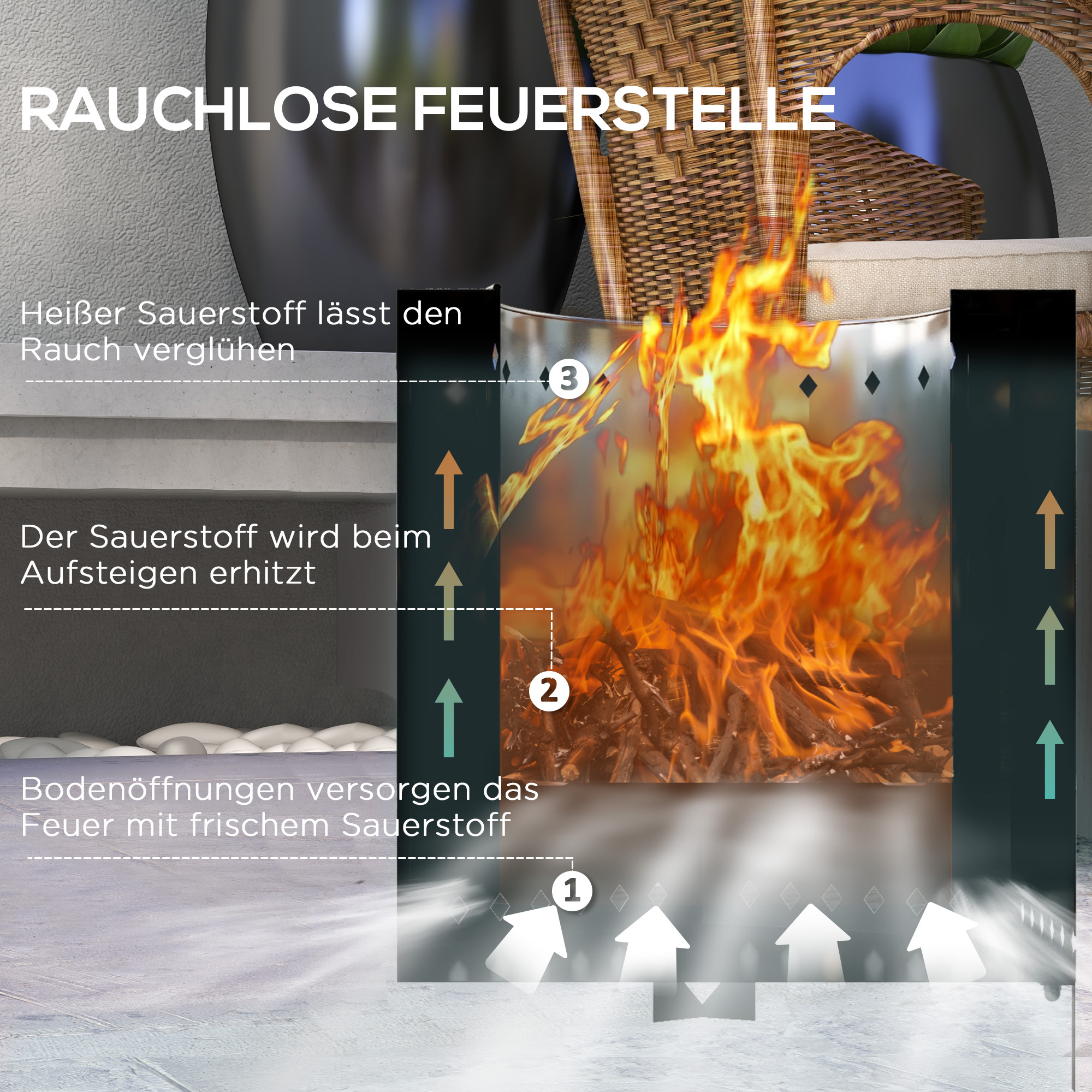 Feuerschale Feuerstelle Feuertonne, inkl. Schürhaken, 45 x 38,8  x 46,5 cm, Silber + Schwarz