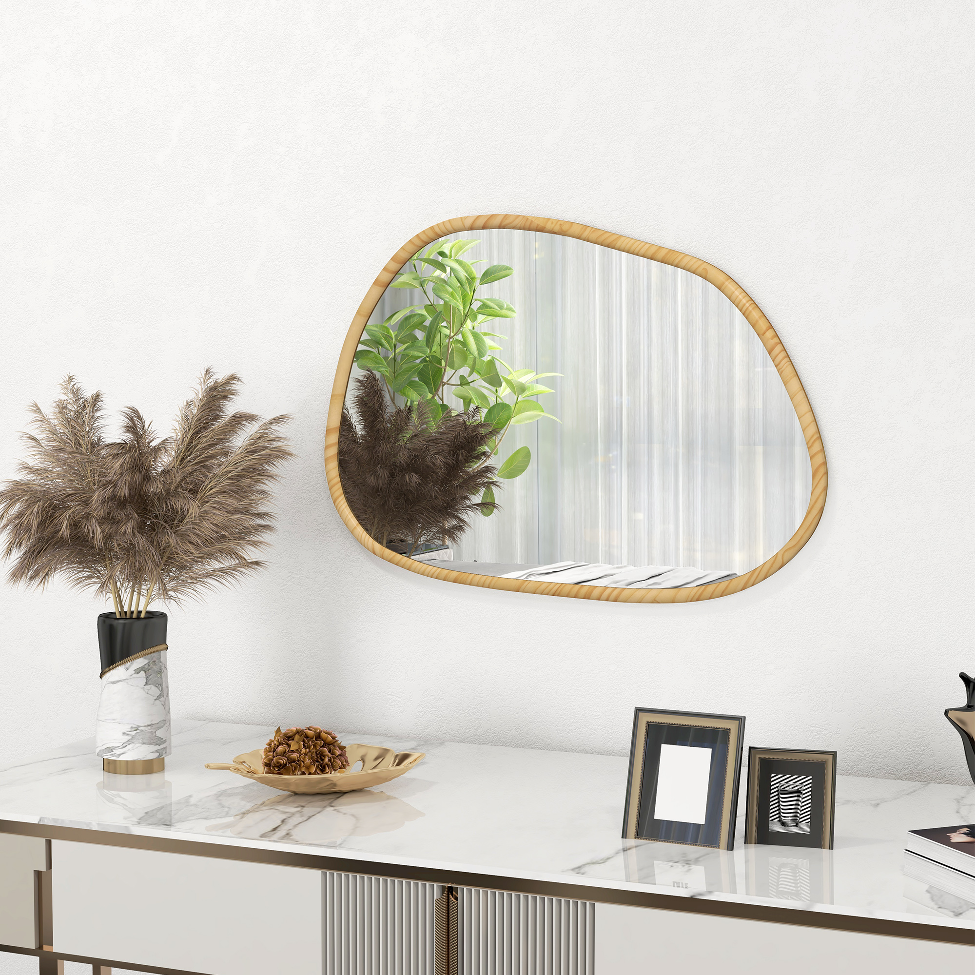 Wandspiegel Dekospiegel Spiegel, Vintage-Design, 80 cm x 2,1 cm x 60 cm, Massivholz, Natur