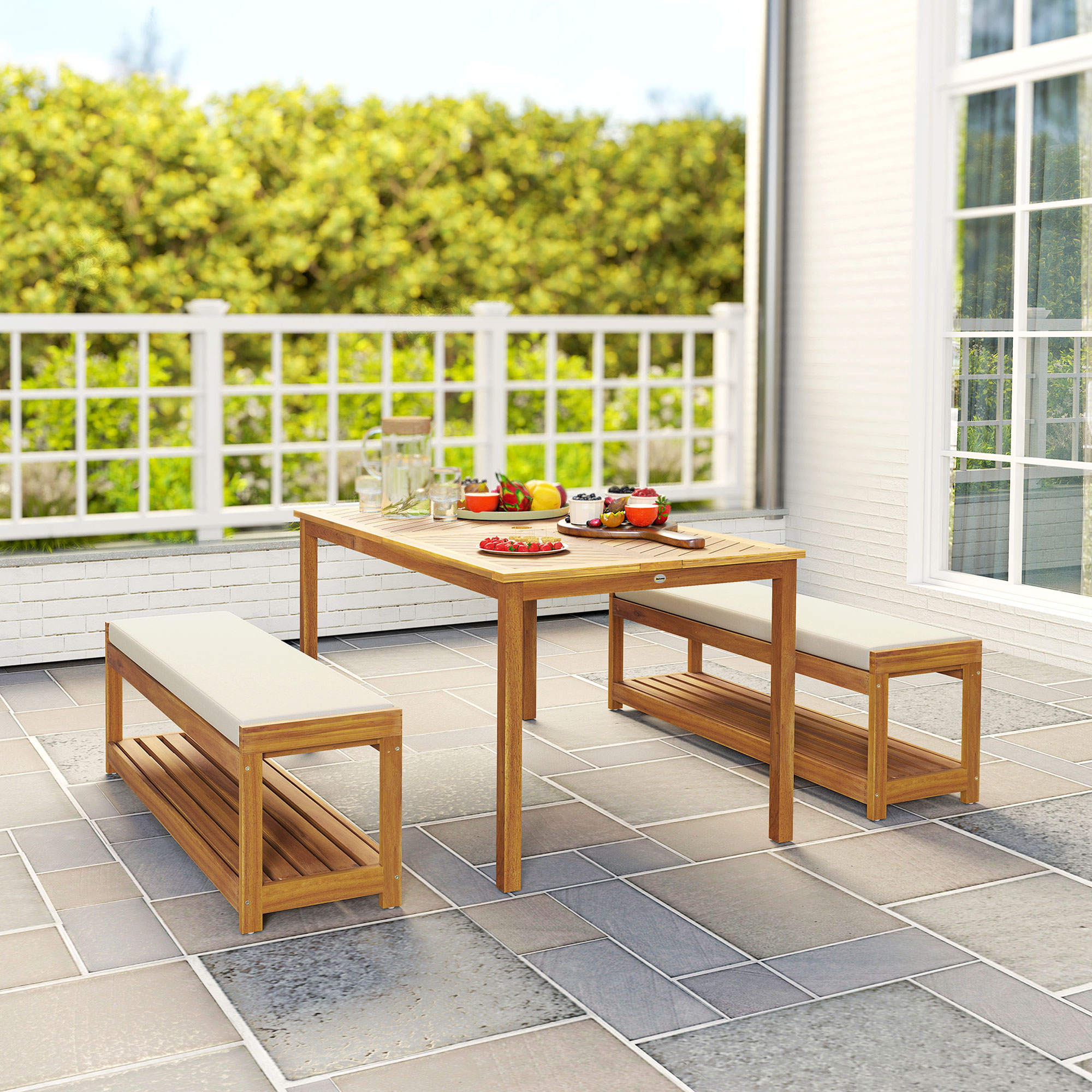3 tlg, Gartenmöbel-Set, Sitzgarnitur inkl, 1 Esstisch mit Schirmloch, 2 Bänke 150 x 85 x 75 cm Teak