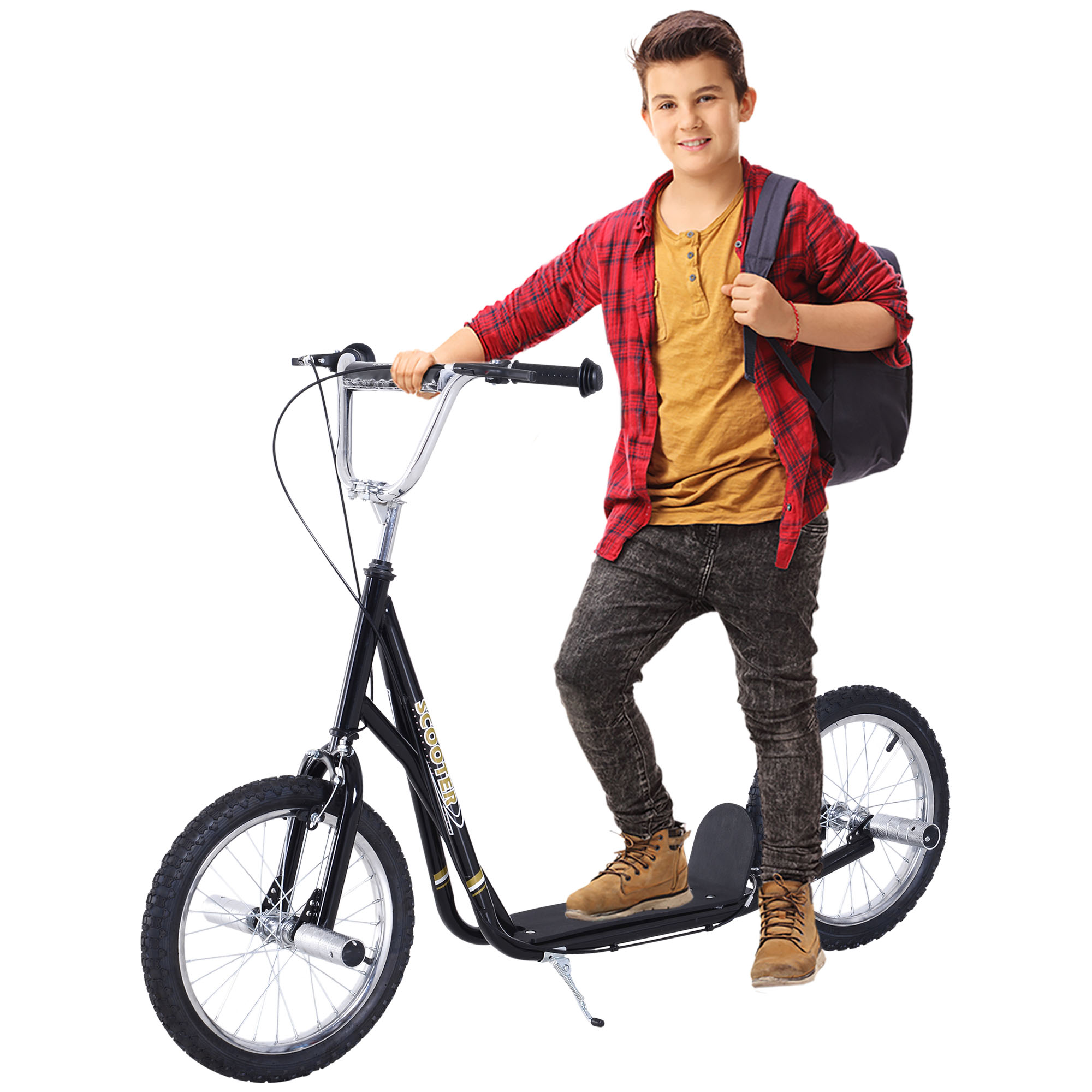 Kinderroller mit Luftreifen Kickscooter Scooter Tretroller Cityroller für Kinder Kickboard 16 Zoll ab 5 Jahre Höhenverstellbar Schwarz 143 x 58 x 92-100 cm