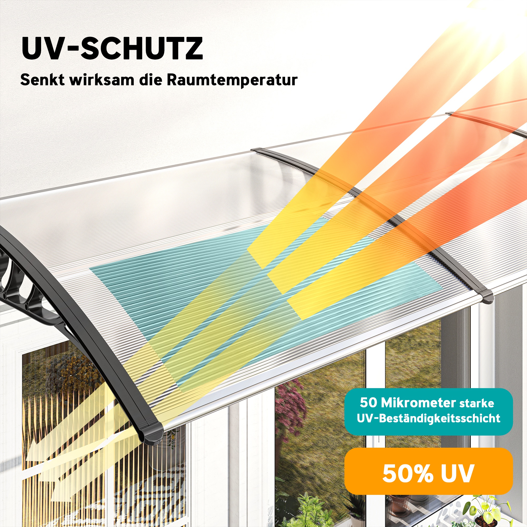 Vordach Schutzdach, Sonnen- und Regenschutz, inkl, Wandhalterung, 295x90 cm, Weiß