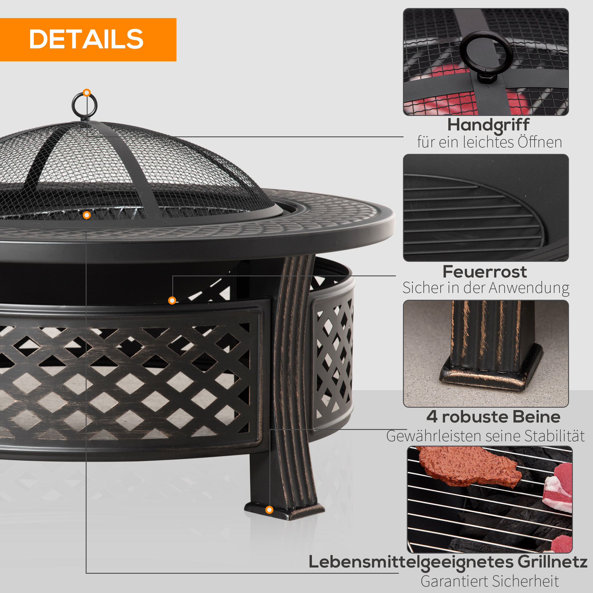 Feuerschale mit Schürhaken Funkenschutz Feuerkorb Feuertisch rund Feuerstelle für Garten Camping BBQ Stahl Schwarz 81 x 81 x 50 cm