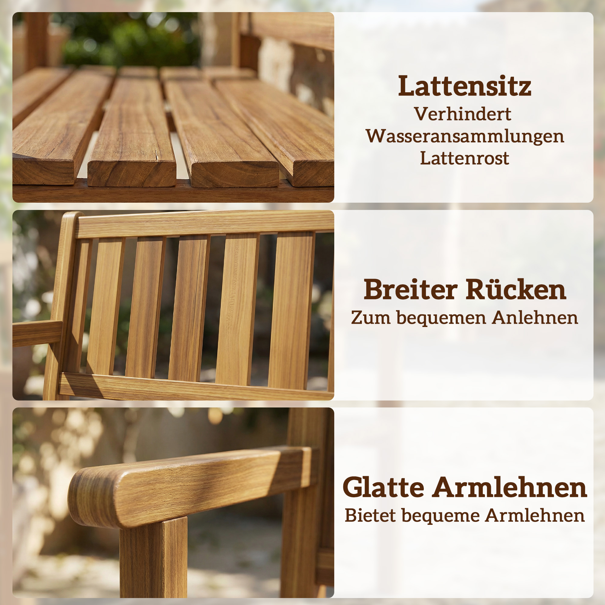 Gartenbank 3-Sitzer Wetterfest Holzbank mit Rückenlehne Armlehnen, Holz Sitzbank 360 kg belastbar Teak