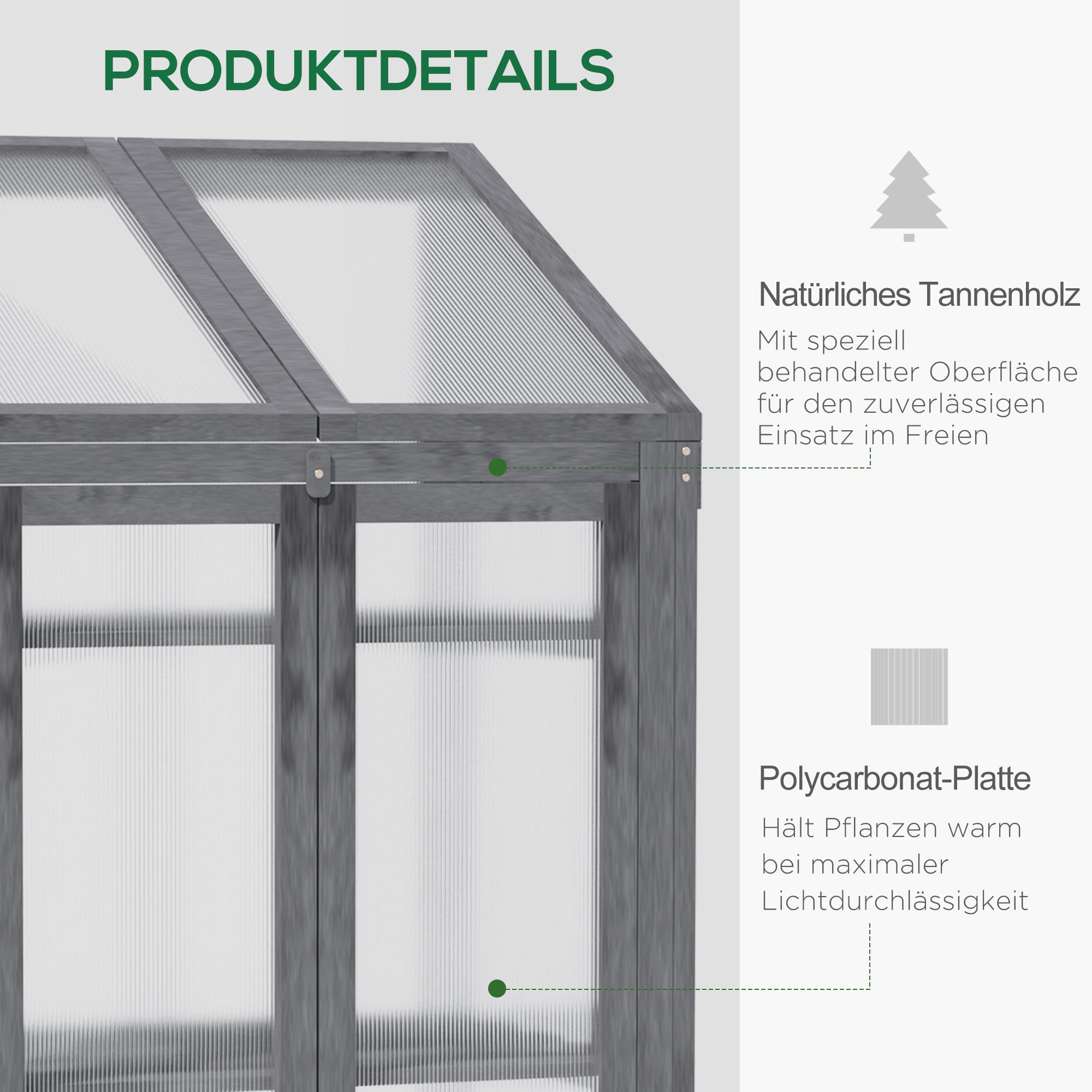 Mini-Gewächshaus, kleines Treibhaus mit Holzrahmen, Fenster und Doppeltür, 3 Regale, 70L x 50B x 120H cm, Grau