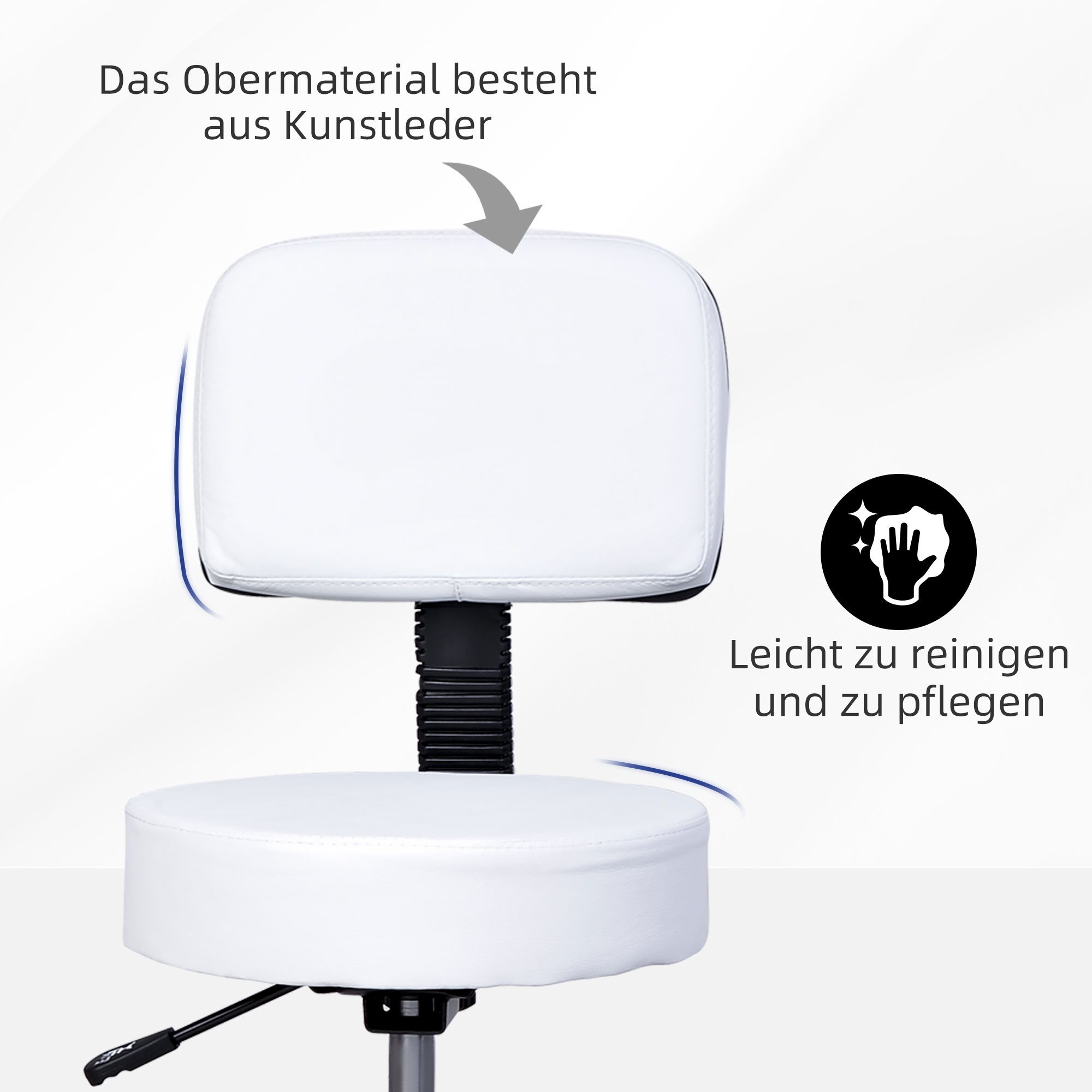 Rollhocker höhenverstellbar mit Rückenlehne Drehhocker 72-84 cm Arbeitshocker 360° drehbar Bürohocker für Büro Salon Massage Spa Weiß