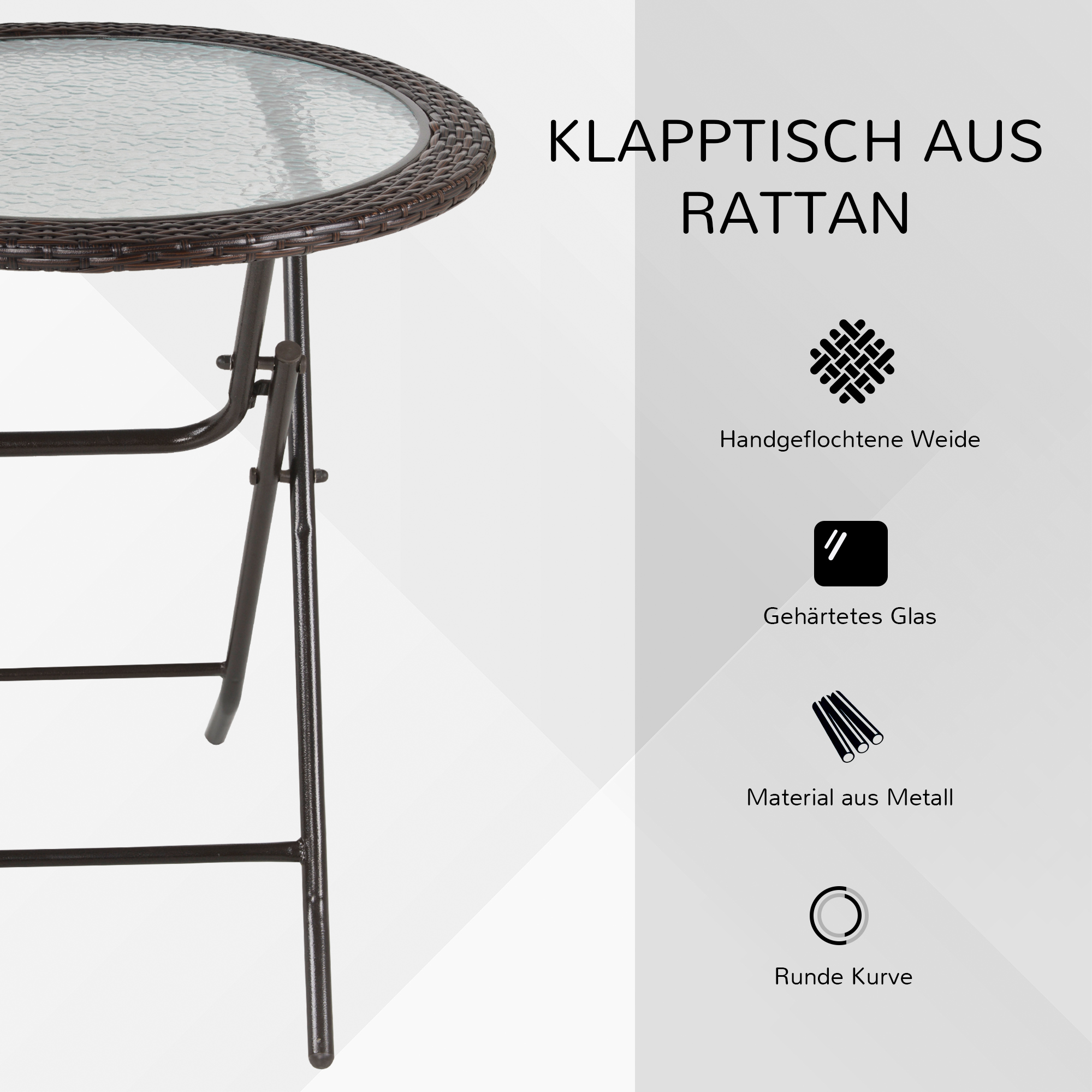 Gartentisch, klappbar, Hartglastischplatte, Stahlrahmen, Rattan-Dekor, braun, 68 x 68 x 73 cm