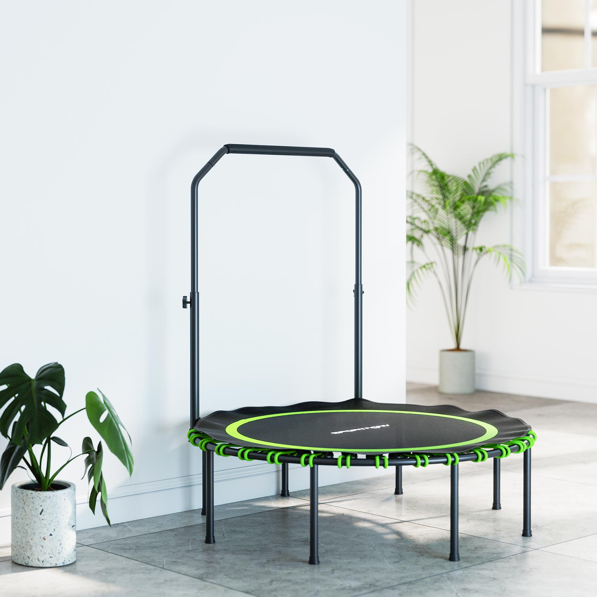 Fitness-Trampolin mit verstellbarem Handlauf, Sport-Trampolin für drinnen und draußen, Stahl, Kunststoff, Grün