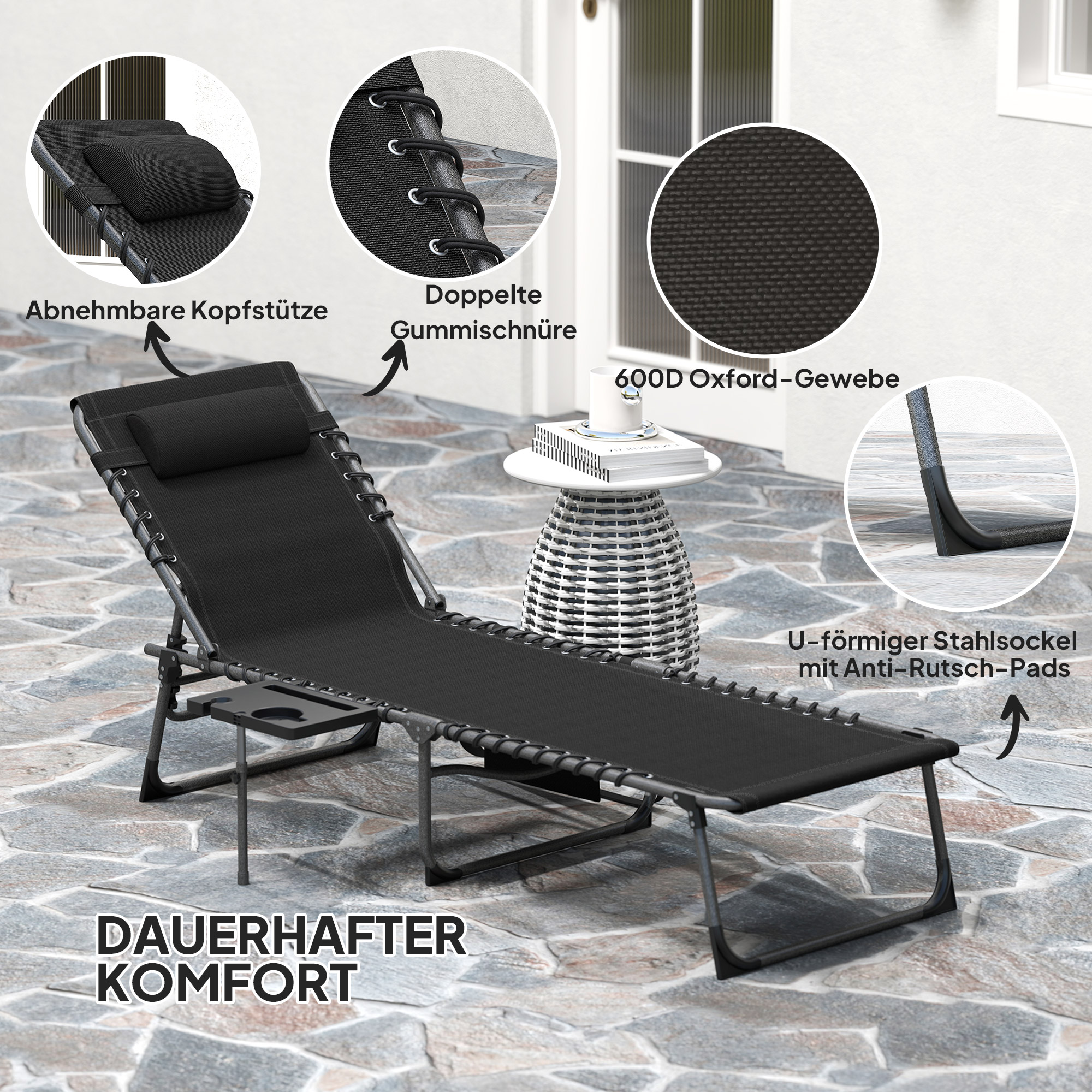 Sonnenliege klappbar Gartenliege mit Kopfkissen, Liegestuhl mit 5-Fach verstellbare Rückenlehne bis 120 kg