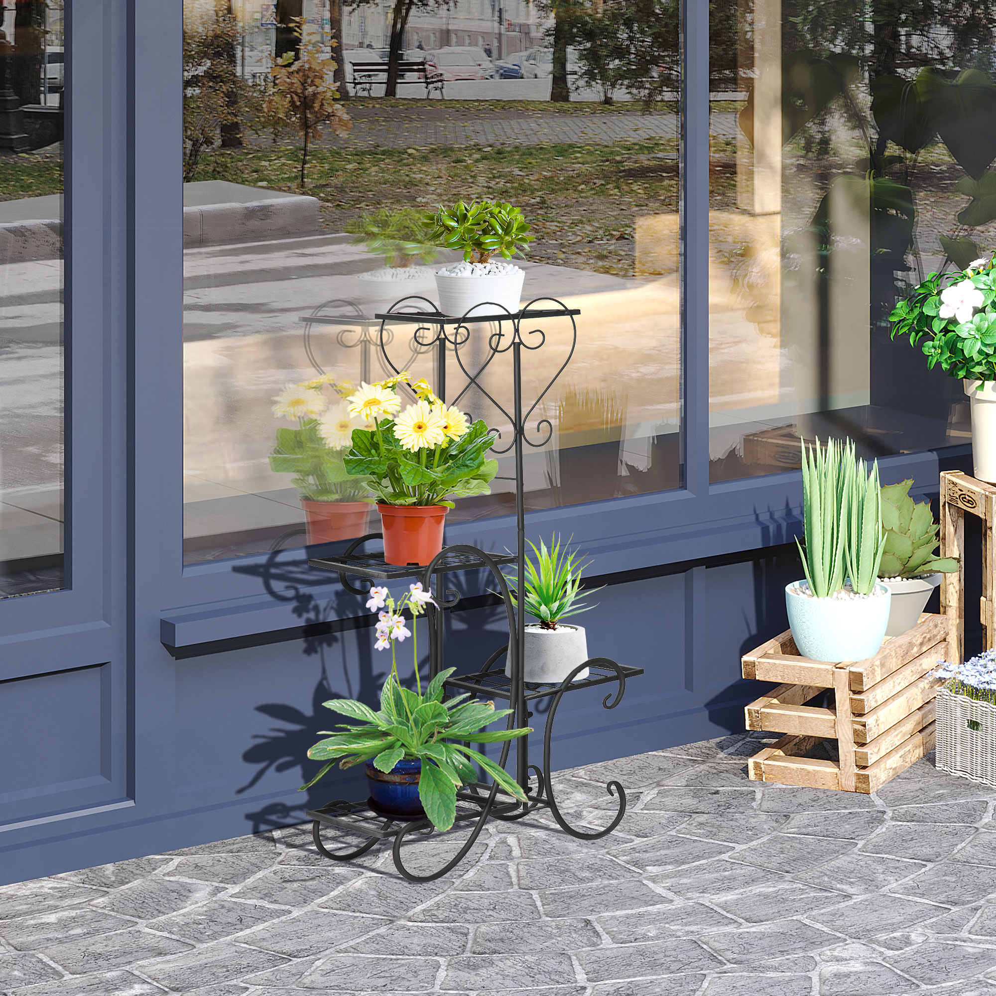 Blumenständer Blumenregal aus Metall 4 Ebenen Pflanzenregal Blumentreppe Blumenständer für innen und außen Garten Balkon Schwarz 45 x 24,5 x 80 cm