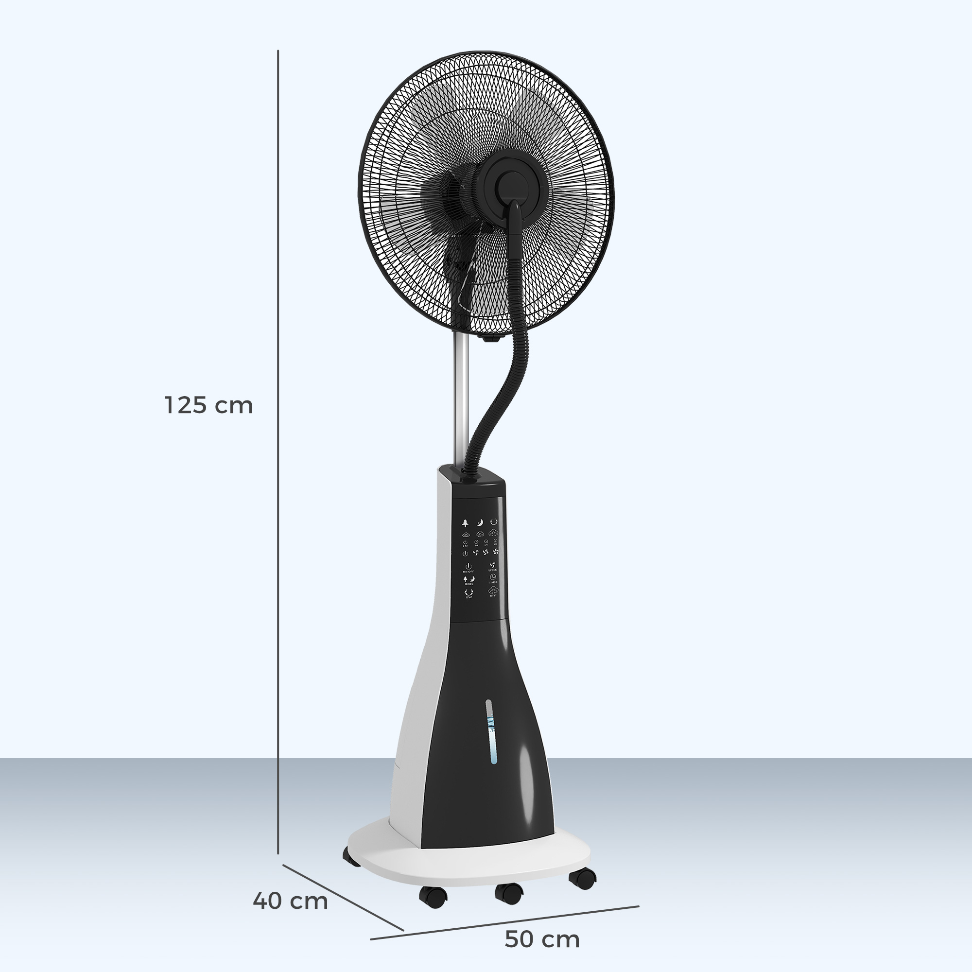 Ventilator mit Sprühnebel-Funktion, 75 Grad drehbar, 3 Geschwindigkeiten, 3 Modi, 3-Liter-Wassertank, Schwarz+Weiß