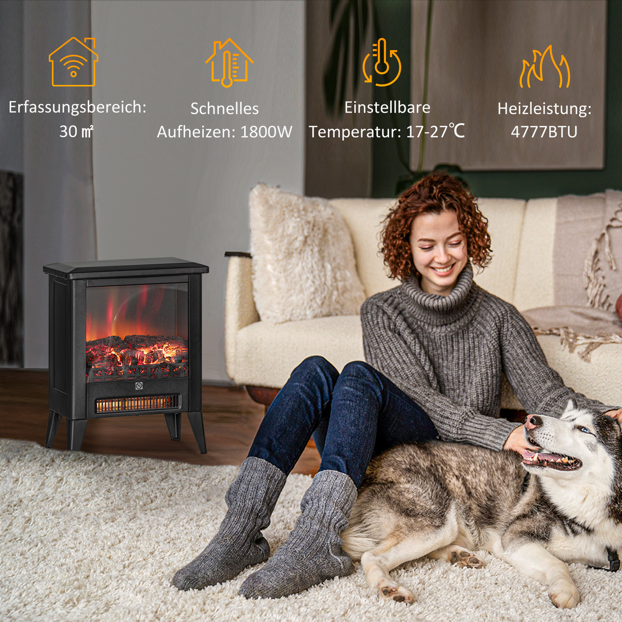 Elektrischer Kamin mit realistischem Feuereffekt, Überhitzungsschutz und niedrigem Geräuschpegel, 1800W, Schwarz