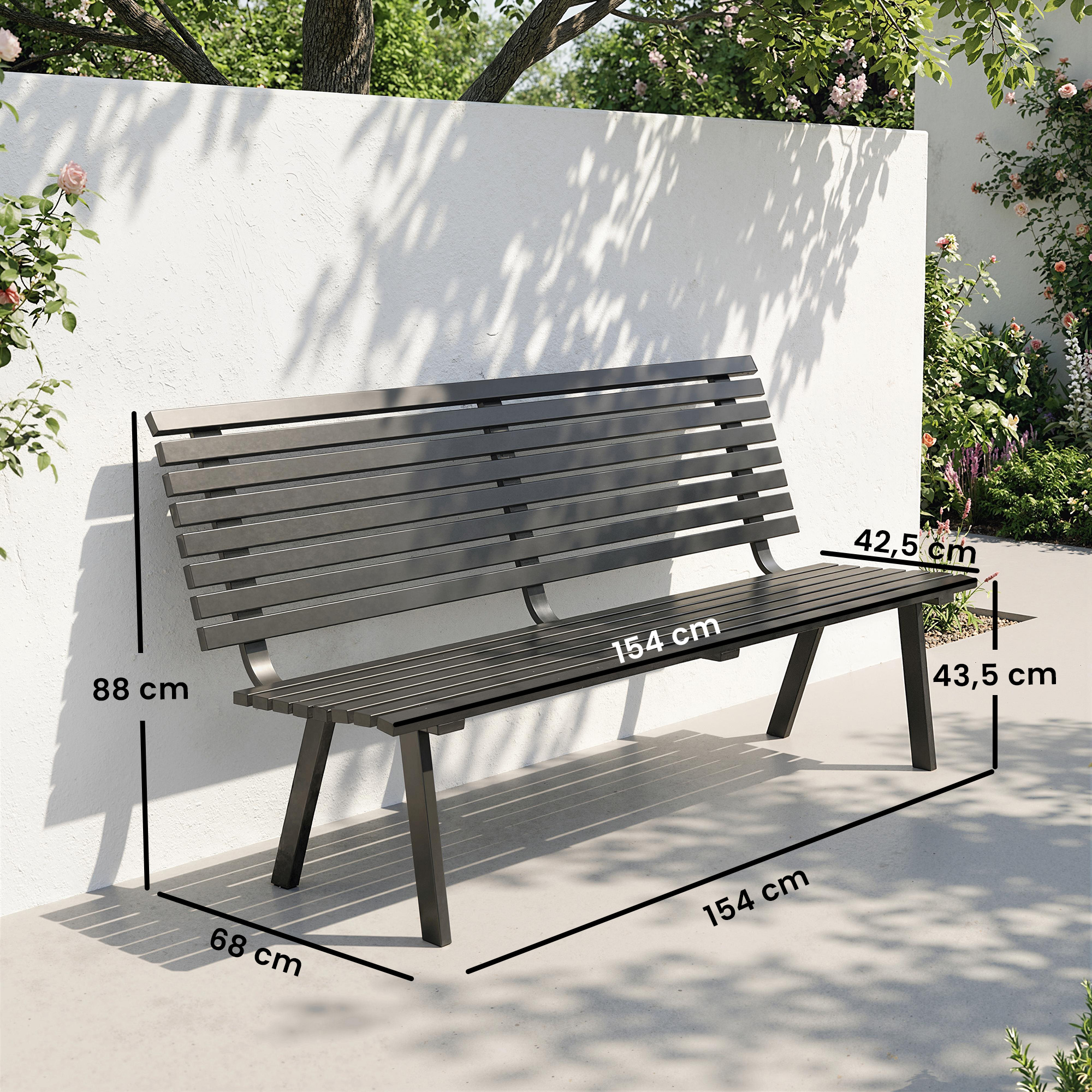 Gartenbank 3-Sitzer wetterfest Metall Outdoor Sitzbank mit breitem Sitz Lamellendesign, bis 240 kg 154 x 68 x 88 cm