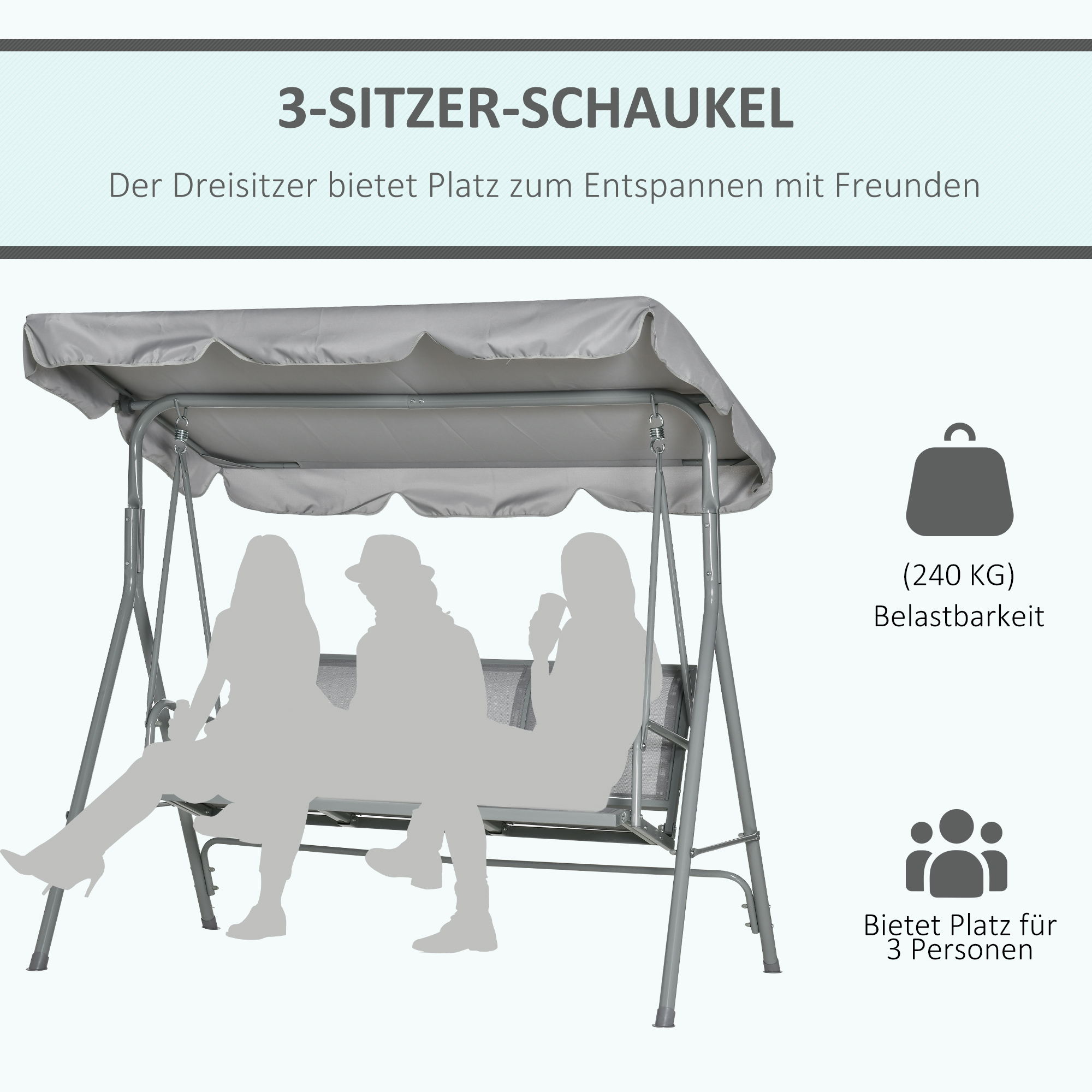 Hollywoodschaukel mit verstellbarem Sonnendach, 3-Sitzer Gartenschaukel mit Anti-Rutsch-Füßen, Schaukelbank belastbar bis 240 kg, Gartenliege für Garten, Terasse, 171x108x154cm, Grau