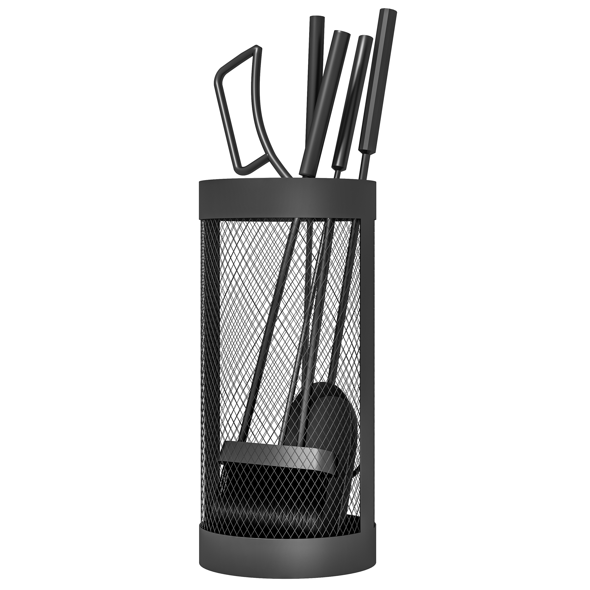 Kaminbesteck, 5-teilig, Besen, Schaufel, Zange, Schürhaken und Korb, feuerfestes Metall, Schwarz