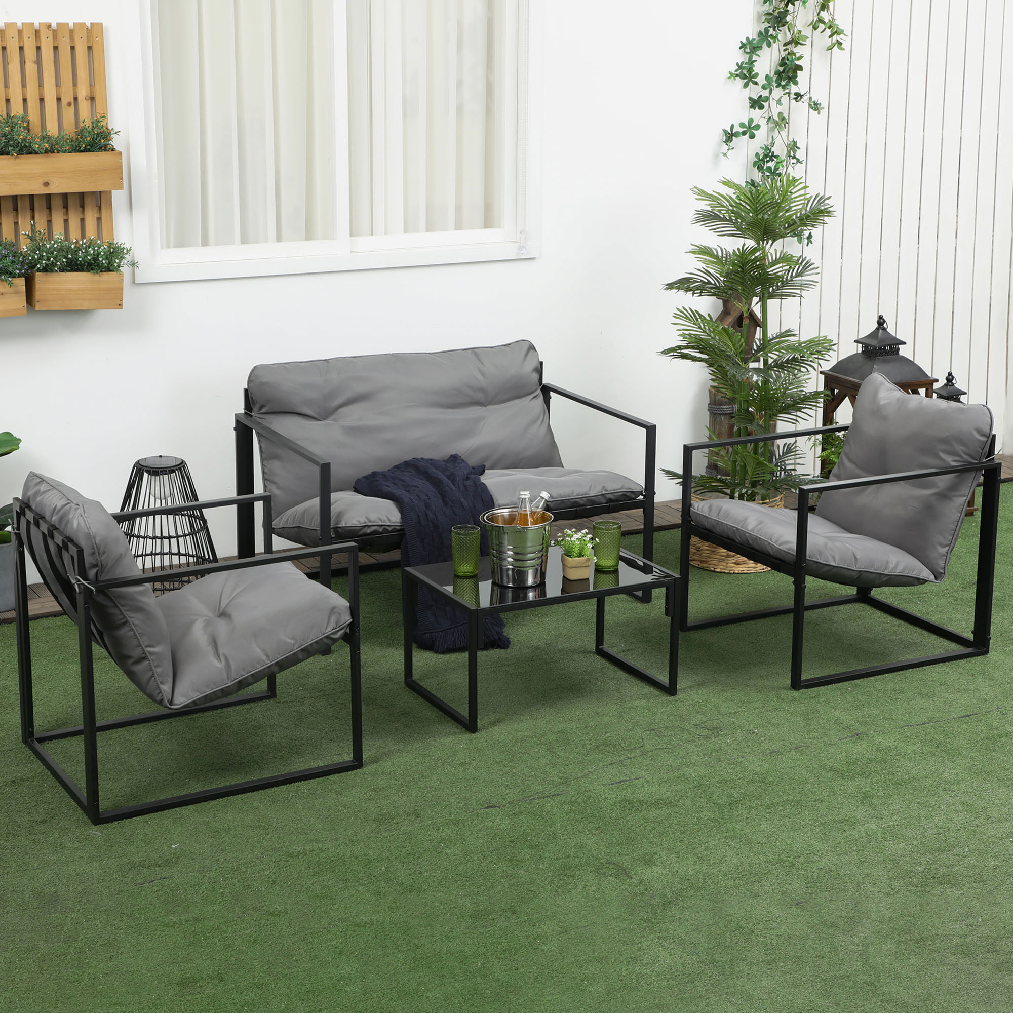 Gartenmöbel-Set, 1 Glastisch, 2 Sessel. 1 Sofa, wetterbeständig,114 cm x 70 cm x 67 cm, Grau+Schwarz