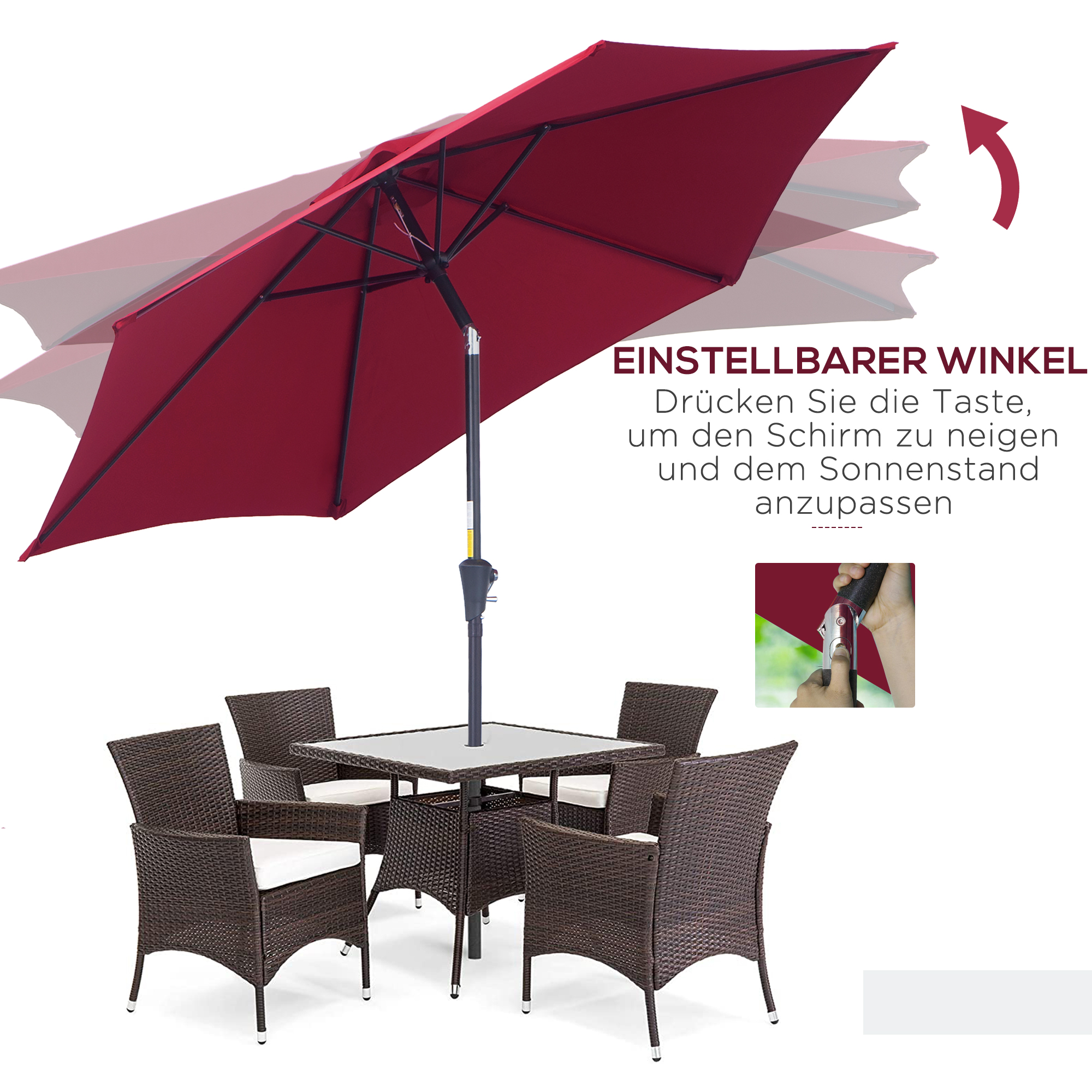 Knickschirm Sonnenschirm Gartenschirm Marktschirm mit Handkurbel Alu 180/? Polyester Rot ?2,6 x 2,35 m