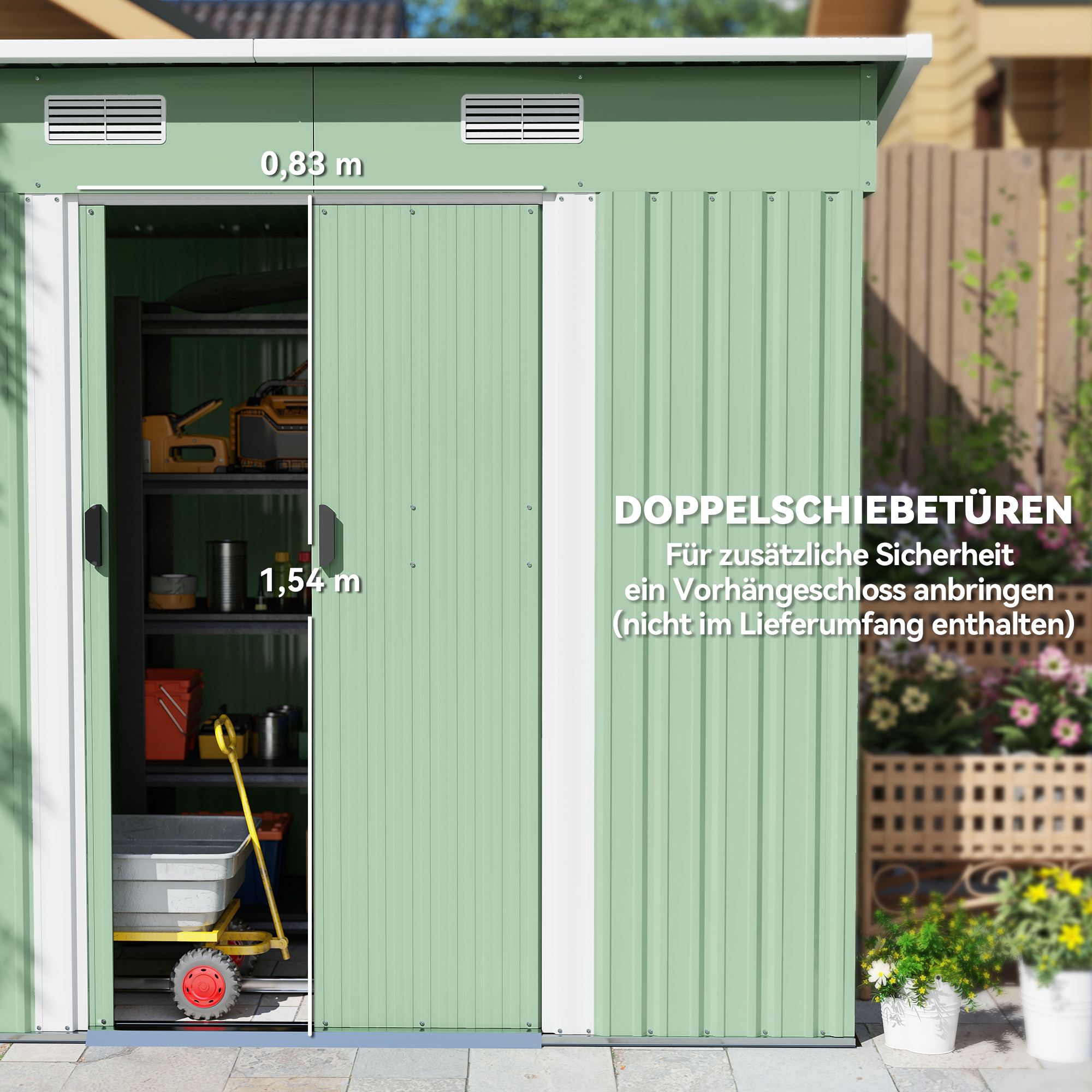 Gerätehaus Metall 2,3 m² 207 x 130 x 182 cm Geräteschuppen mit Pultdach Fenster Bodenrahmen Grün