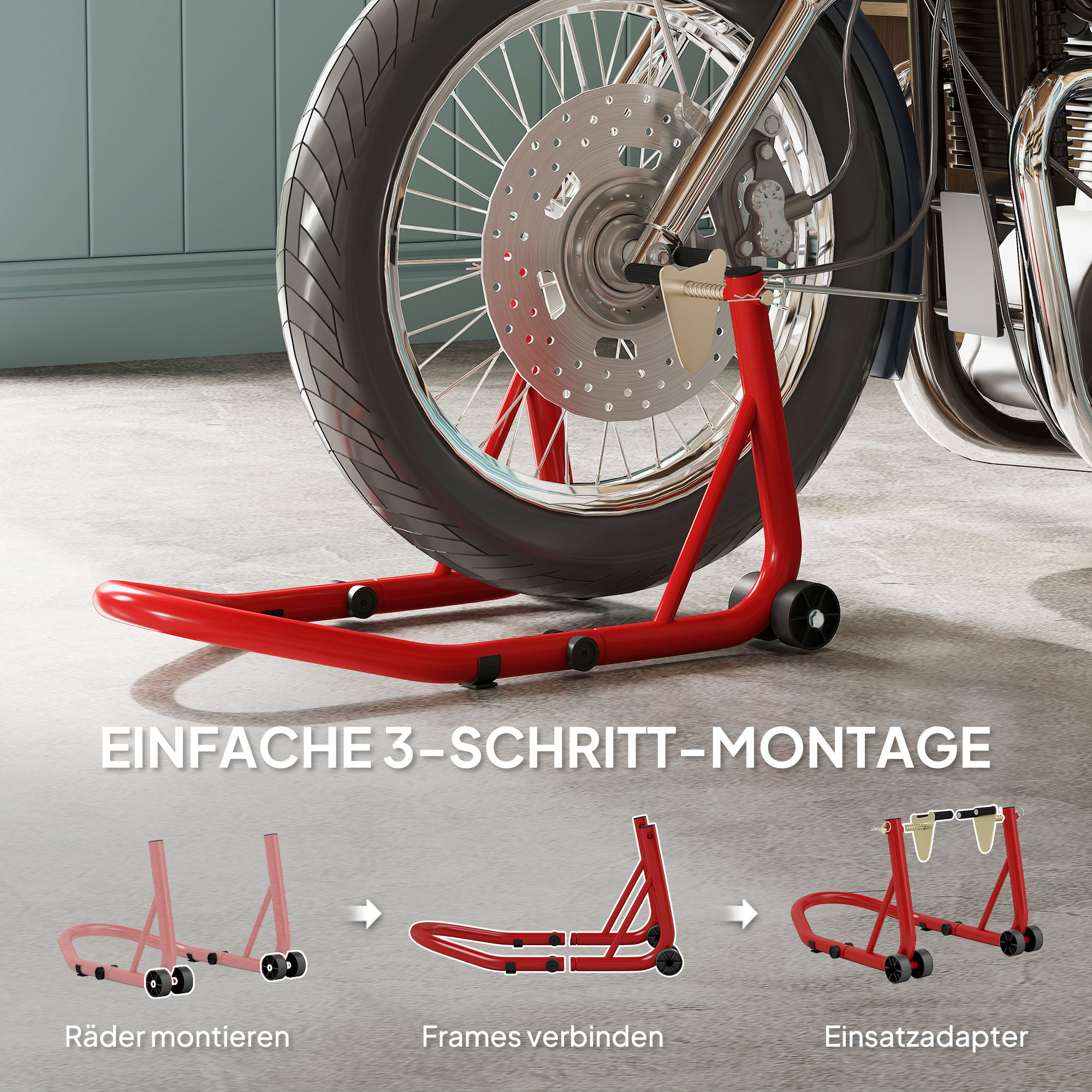 Motorradständer Set vorne/hinten Montageständer Motorradheber bis 544 kg Stahl Rot