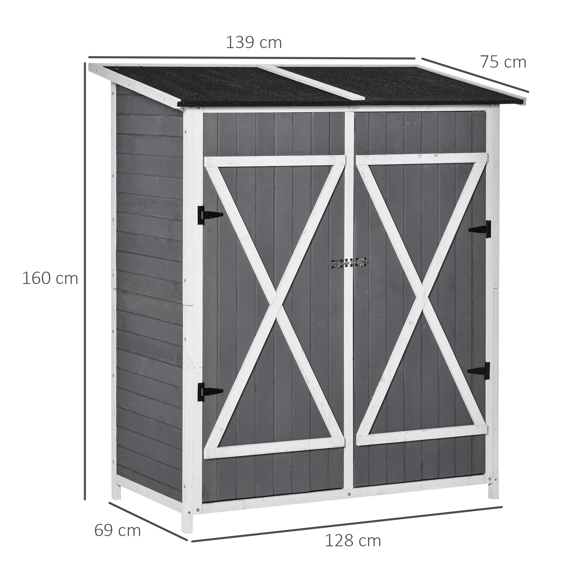 Gartenschrank Geräteschuppen mit 2 Tür Geräteschrank mit Asphaltdach Gartenlagerschrank Antidumping Design mit Bodennägel Tannenholz Grau+Weiß 139 x 75 x 160 cm
