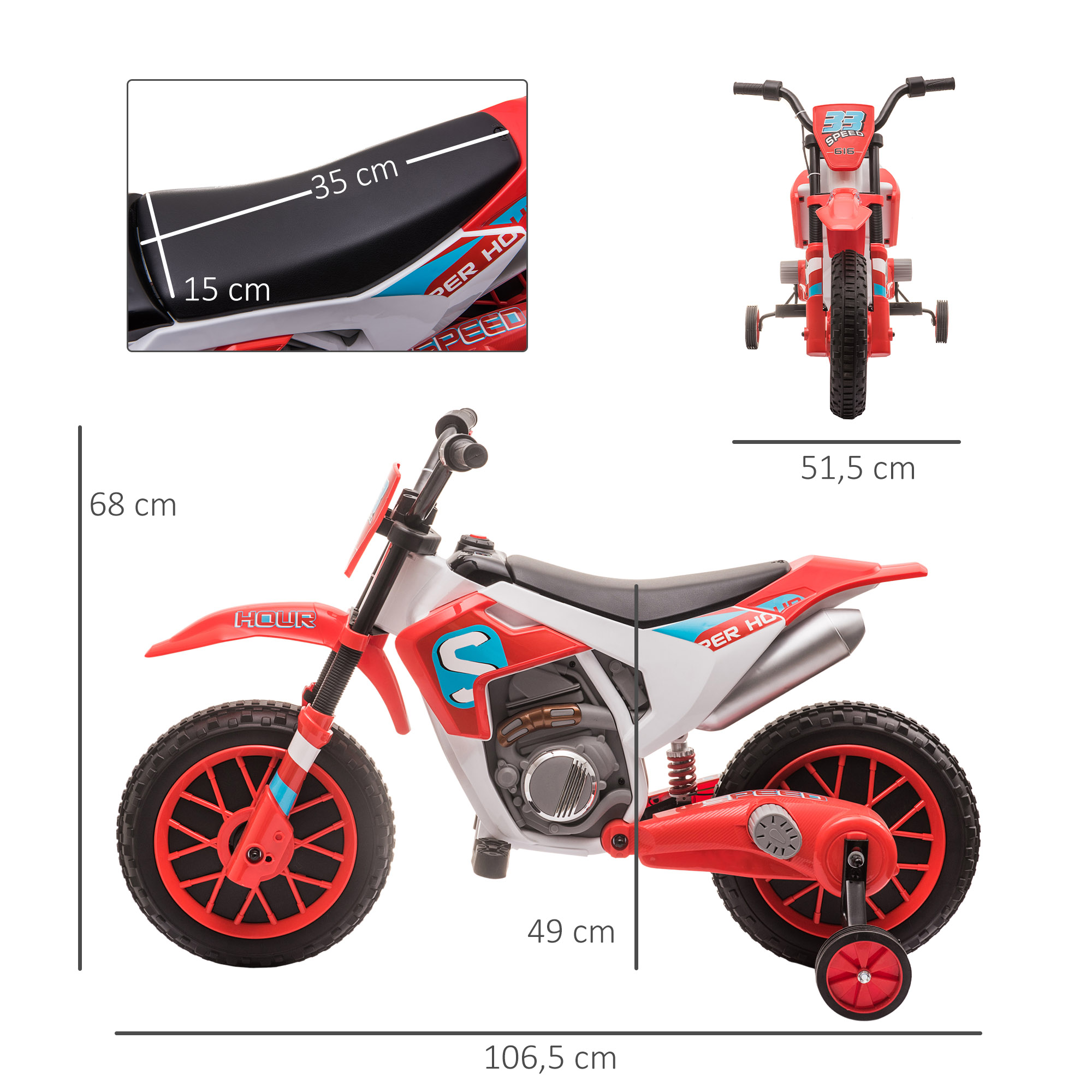 Kindermotorrad, Elektromotorrad, 45 Min Fahrzeit, mit Stützrädern, ab 3 Jahren, rot+weiß, 106,5 x 51,5 x 68cm