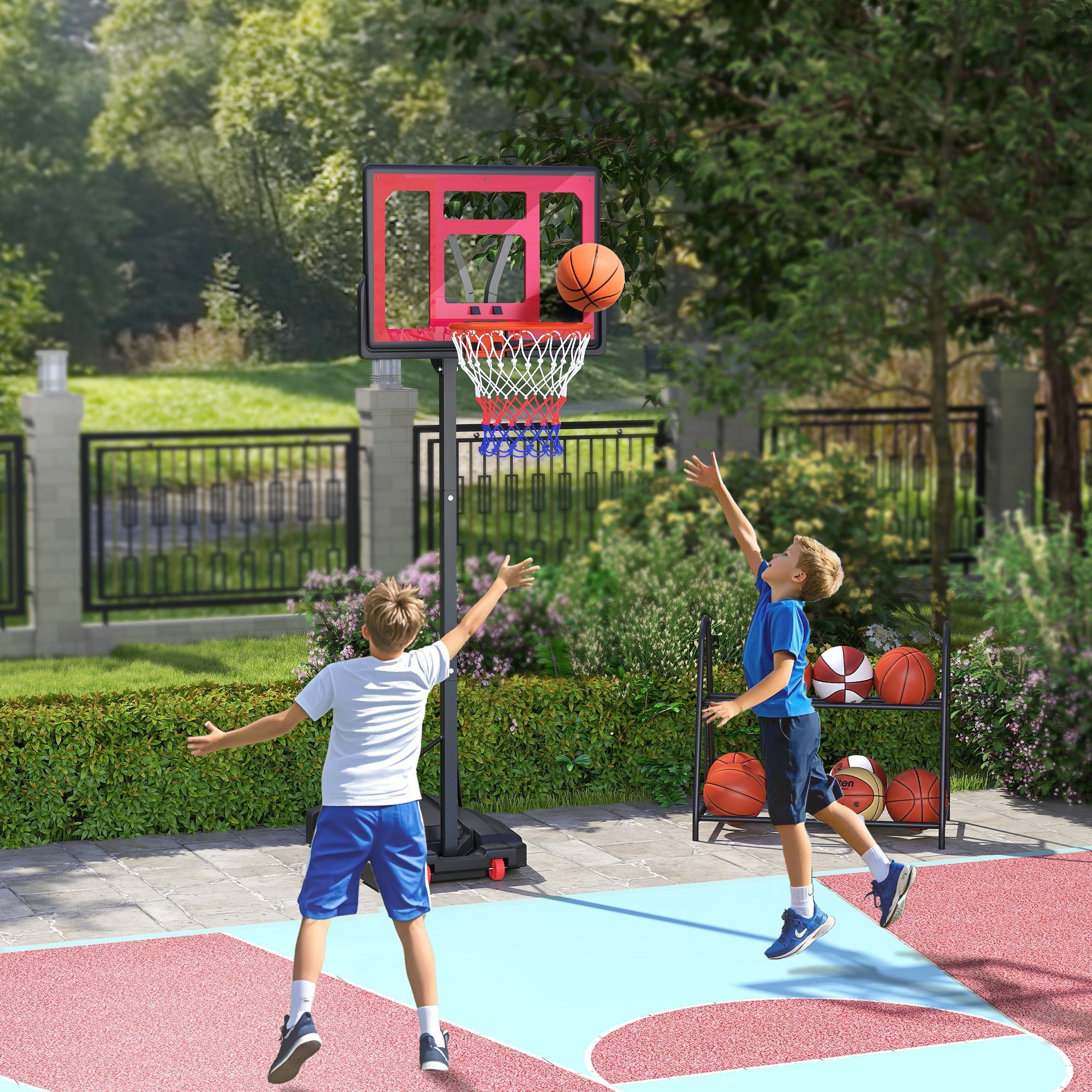 Basketballkorb, Outdoor-Basketballkorb für Jugendliche 200-260 cm höhenverstellbar, mit Rädern, Rot
