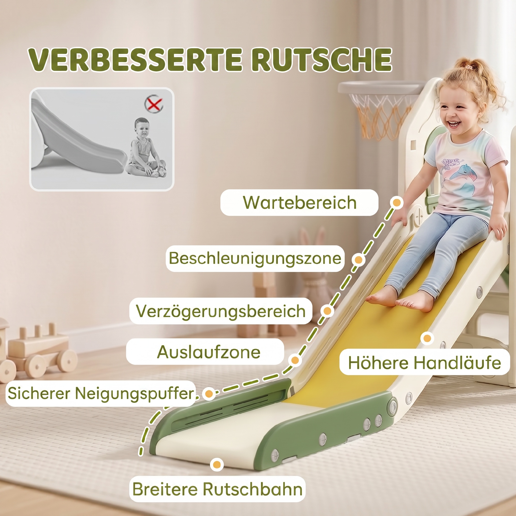 faltbare 4-in-1 Kleinkinderrutsche mit Kletterelement, Basketballkorb, Stauraum und Basketball für Kinder von 1-3 Jahren, Cremeweiß