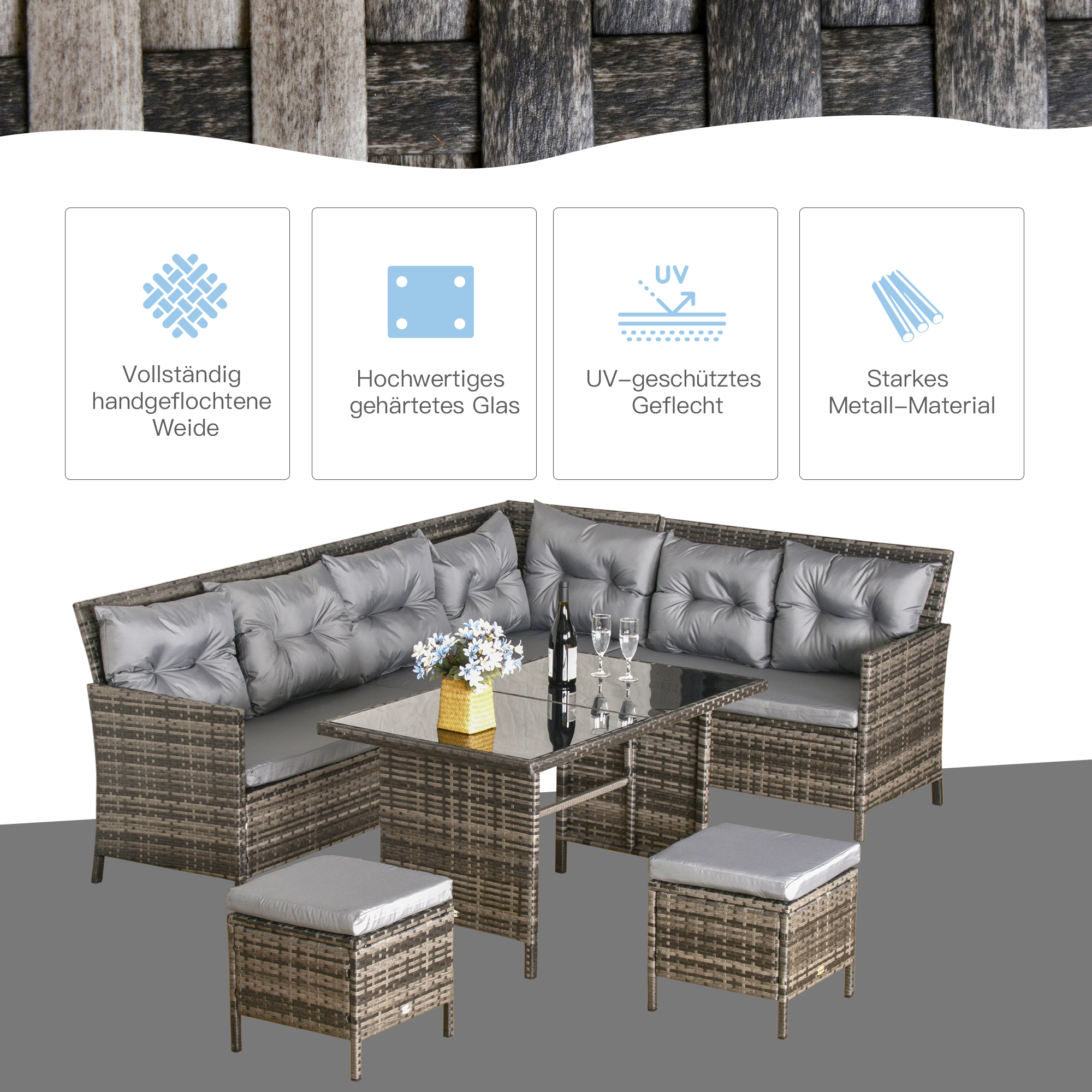 Gartenmöbel-Set aus PE-Rattan, für 5 Personen, Rattan-Lounge-Set, abnehmbare Polster, Grau + Braun