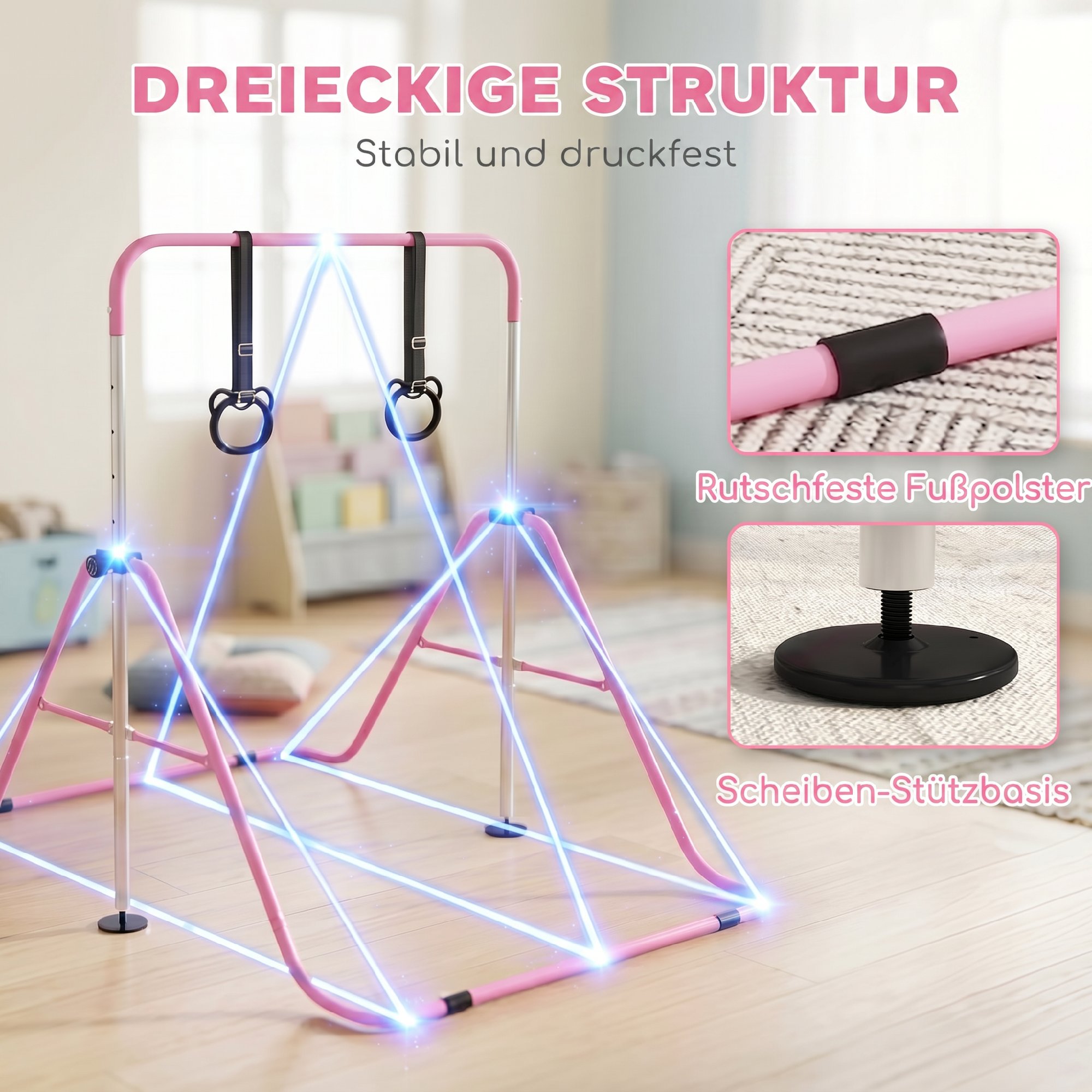 Kinder-Turnbarren mit Ringen, höhenverstellbar, klappbar, rutschfest, Stahlrahmen, 148x105x88-128 cm, Pink