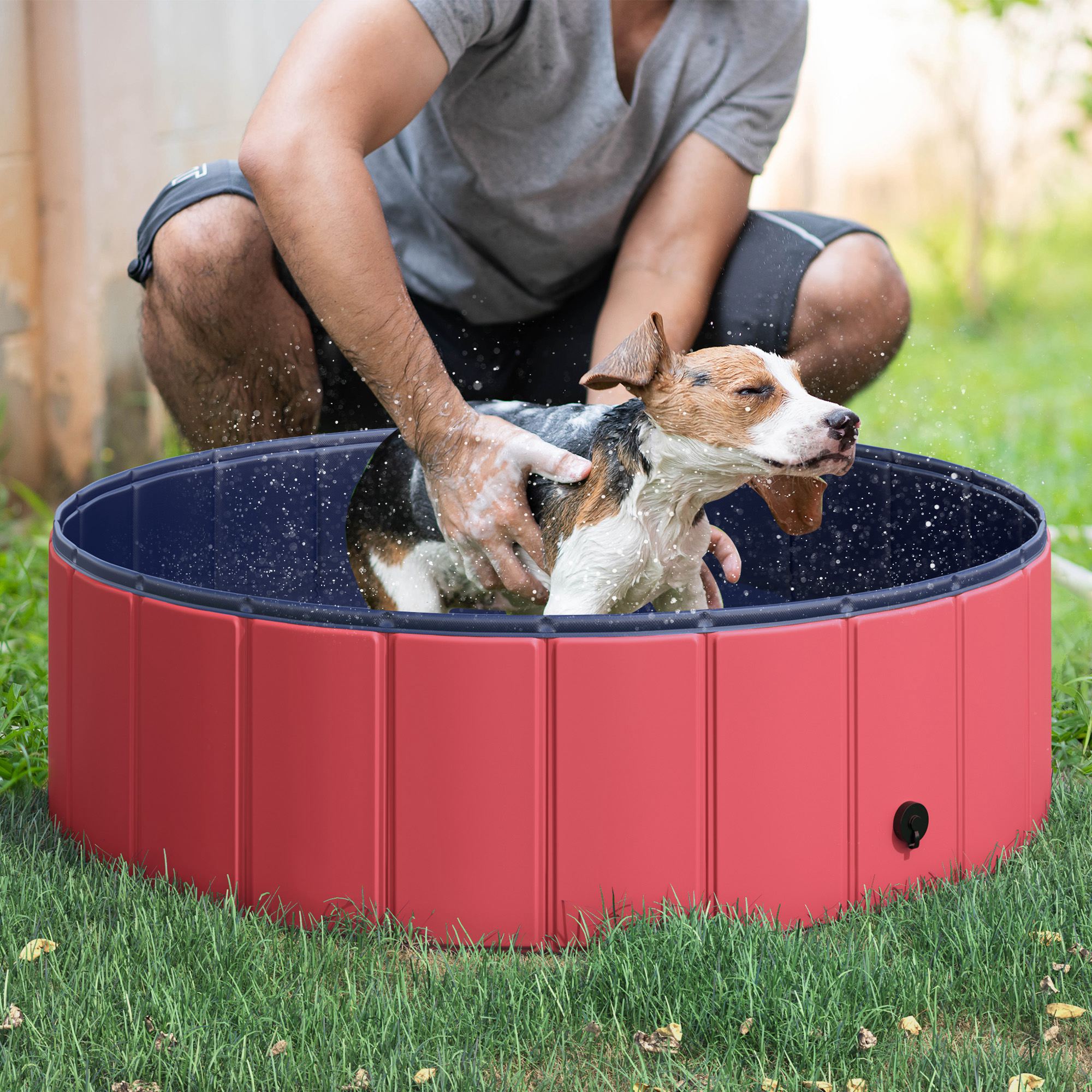 Hundebadewanne faltbar Hundepool Schwimmbecken Swimmingpool Plantschbecken Badewanne für Hunde & Katzen Wasserbecken aus Kunststoff, Holz Ø100 x H30 cm Rot