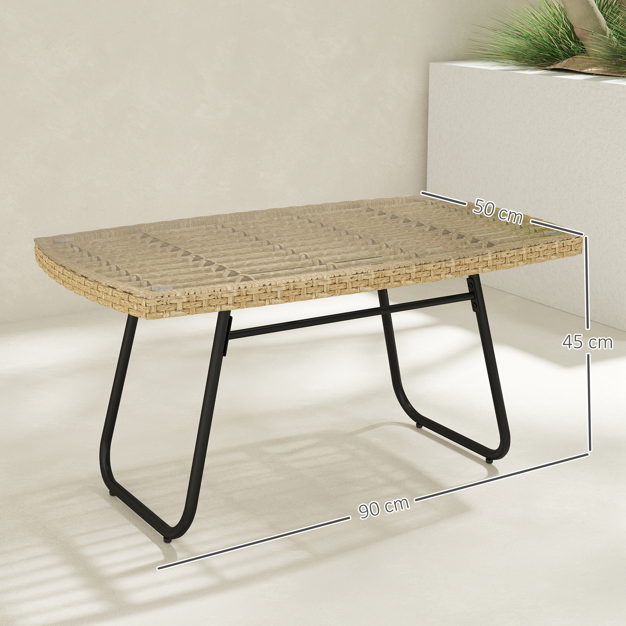 Polyrattan Gartentisch, 90 x 50 x 45 cm, UV-beständig Beistelltisch mit Glasplatte Naturholz