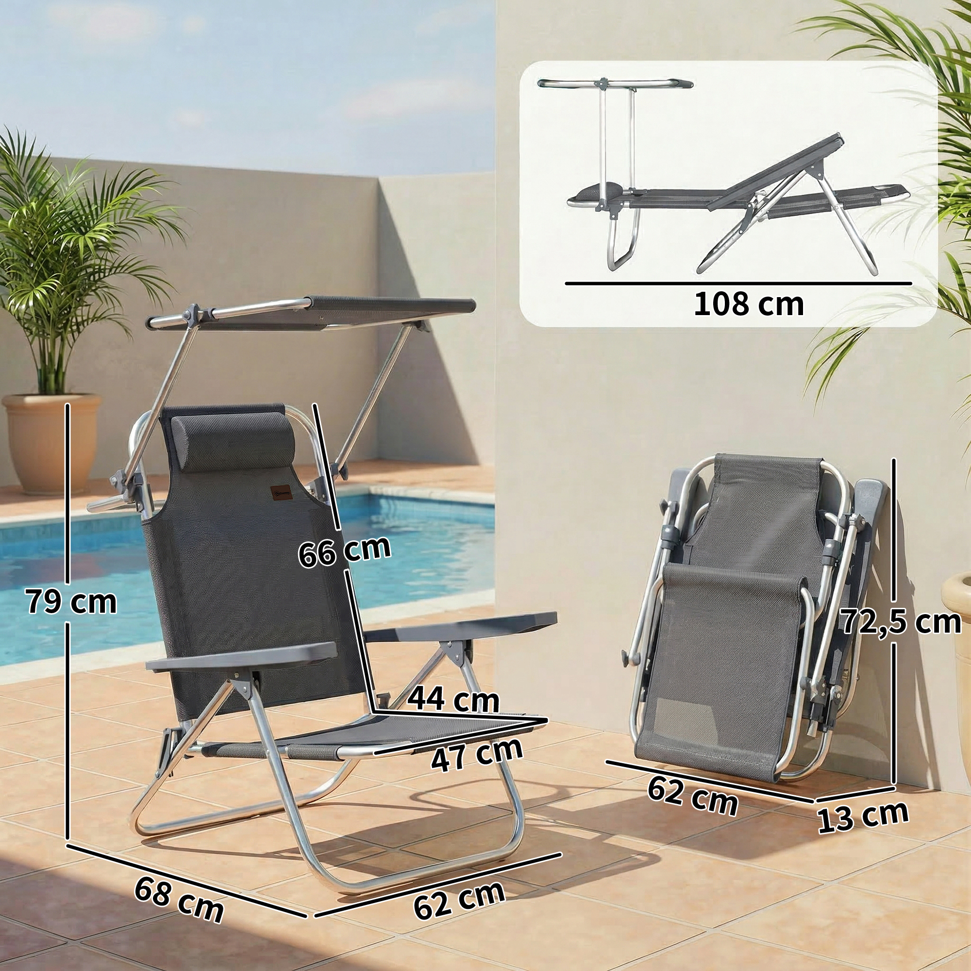 Sonnenliege klappbar Gartenliege mit Kopfkissen verstellbarem Dach 6-Fach verstellbare Rückenlehne 62 x 68 x 79 cm Dunkelgrau