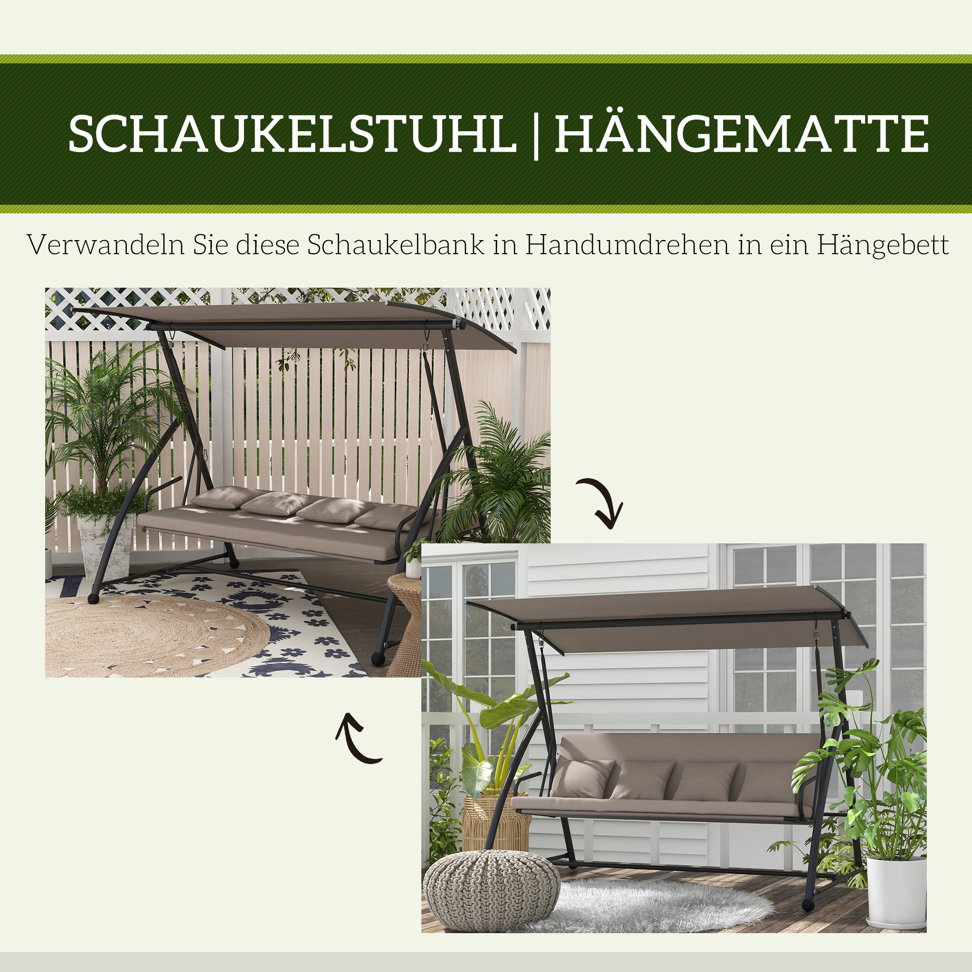 2 in 1 Hollywoodschaukel mit Liegefunktion, 3-Sitzer Gartenschaukel aus Stahl Schaukelbank 170x110x153cm, Hellbraun