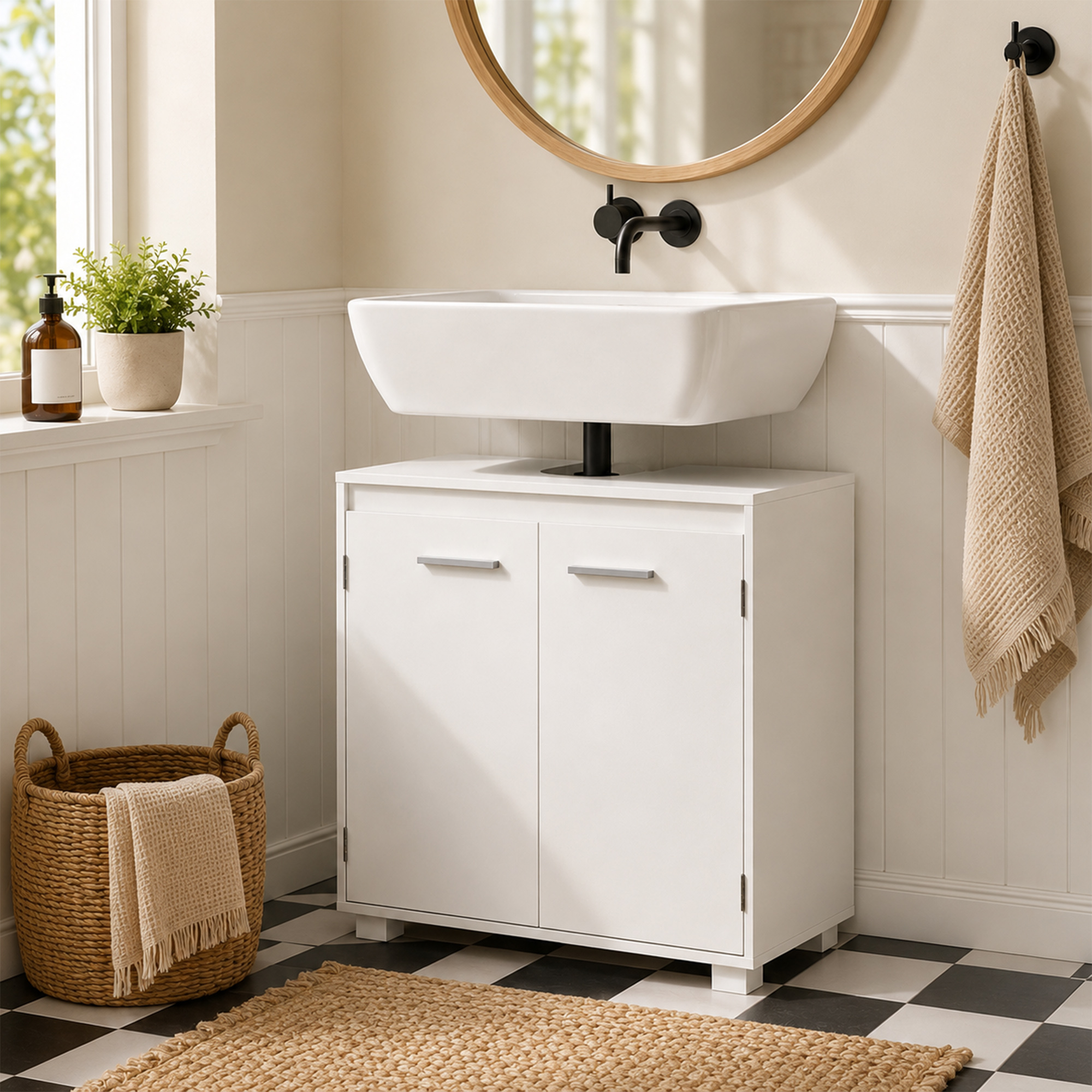 Waschbeckenunterschrank, Modernes freistehendes Badmöbel mit U-förmiger Aussparung, verstellbarem Regal, Weiß