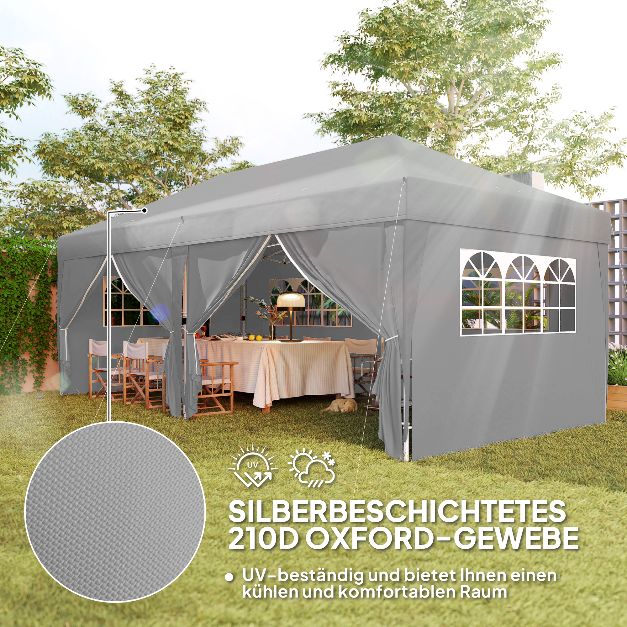 Pavillon ca. 6x3m Stabil Winterfest Pop-up Faltpavillon mit Fenster Reißverschlusstür Seitenteilen UV Schutz