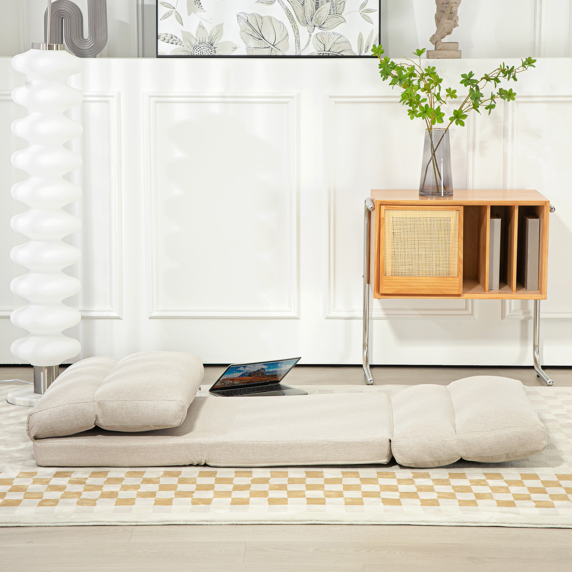 Sitzsack mit Bettfunktion, neigbare Lehne, klappbar, bis 120kg, 70 x 72 x 56 cm, Beige