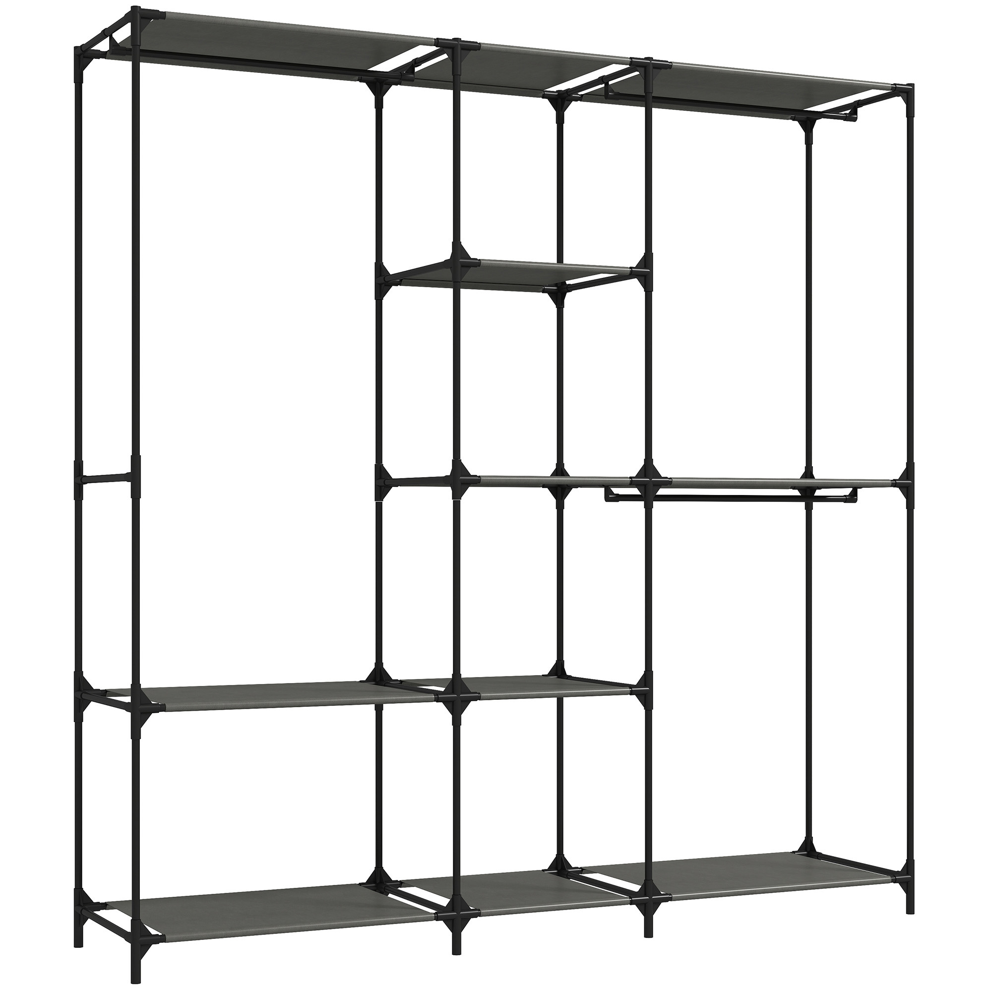Textil-Kleiderschrank, tragbar, werkzeuglos, mit 3 Kleiderstangen und 5 Ablagen, 182 x 43 x 182 cm, Schwarz