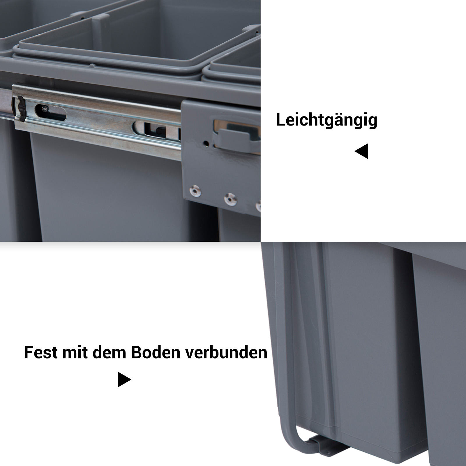 Mülleimer-Konstruktion mit 3 Abfalleimern zur Mülltrennung, Schienensystem, einbaubar, 3er-Set Müllbehälter, Grau