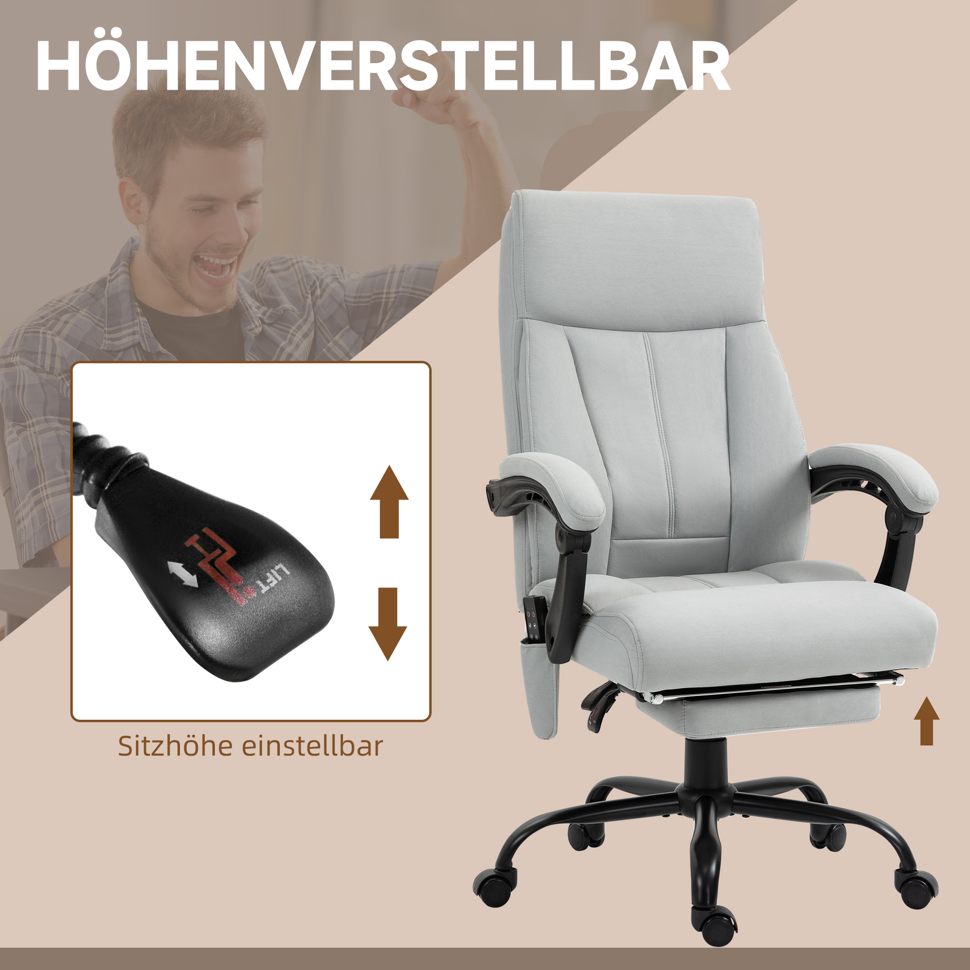 Bürostuhl mit Massagefunktion & Heizfunktion, Fußstütze, bis 120 kg, Grau