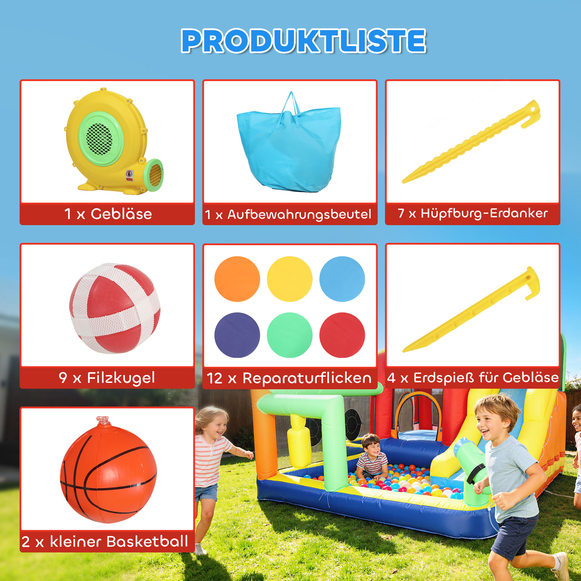 9-in-1 Aufblasbare Hüpfburg mit Gebläse Rutsche Planschbecken Wasserpistole für 3-8 Jahre 330x290x185 cm Mehrfarbig