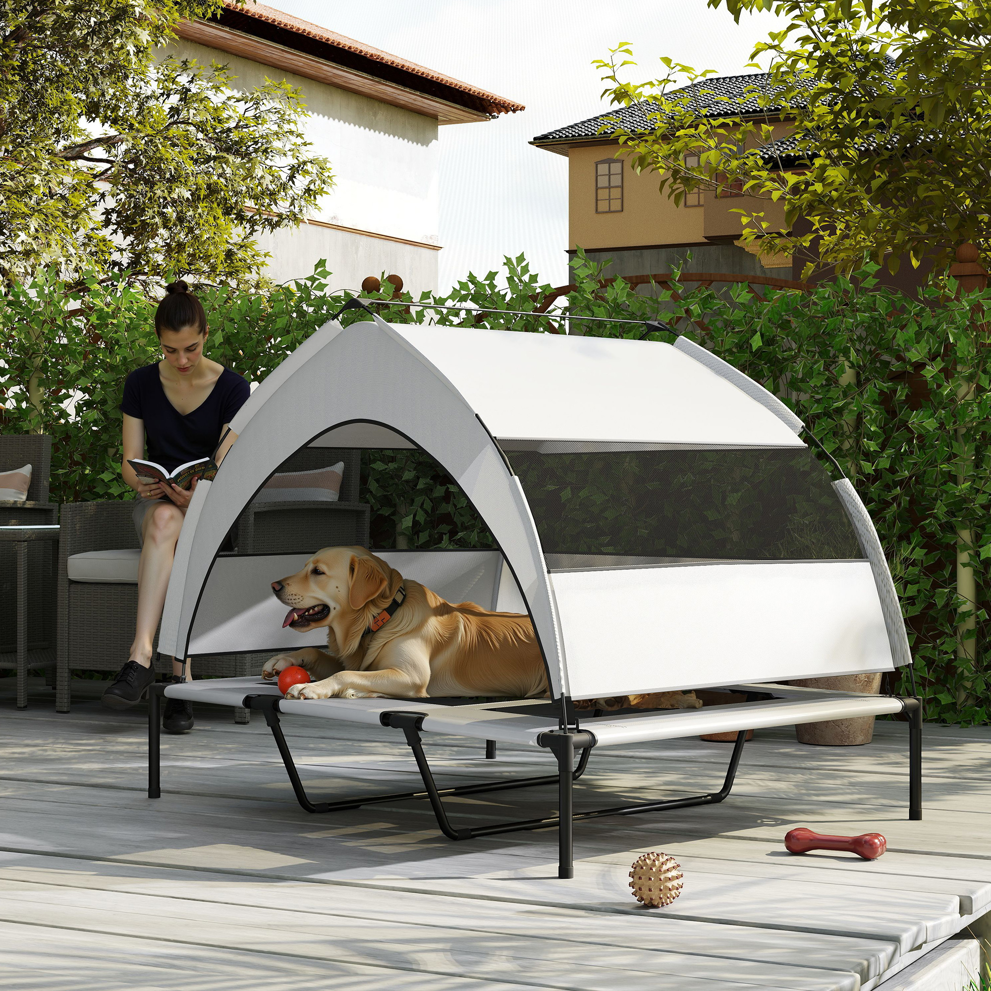 Hundeliege Outdoor mit Dach, Erhöhtes Hundebett für extra große Hunde, mit Stahlrahmen, 122x92x94cm, Hellgrau